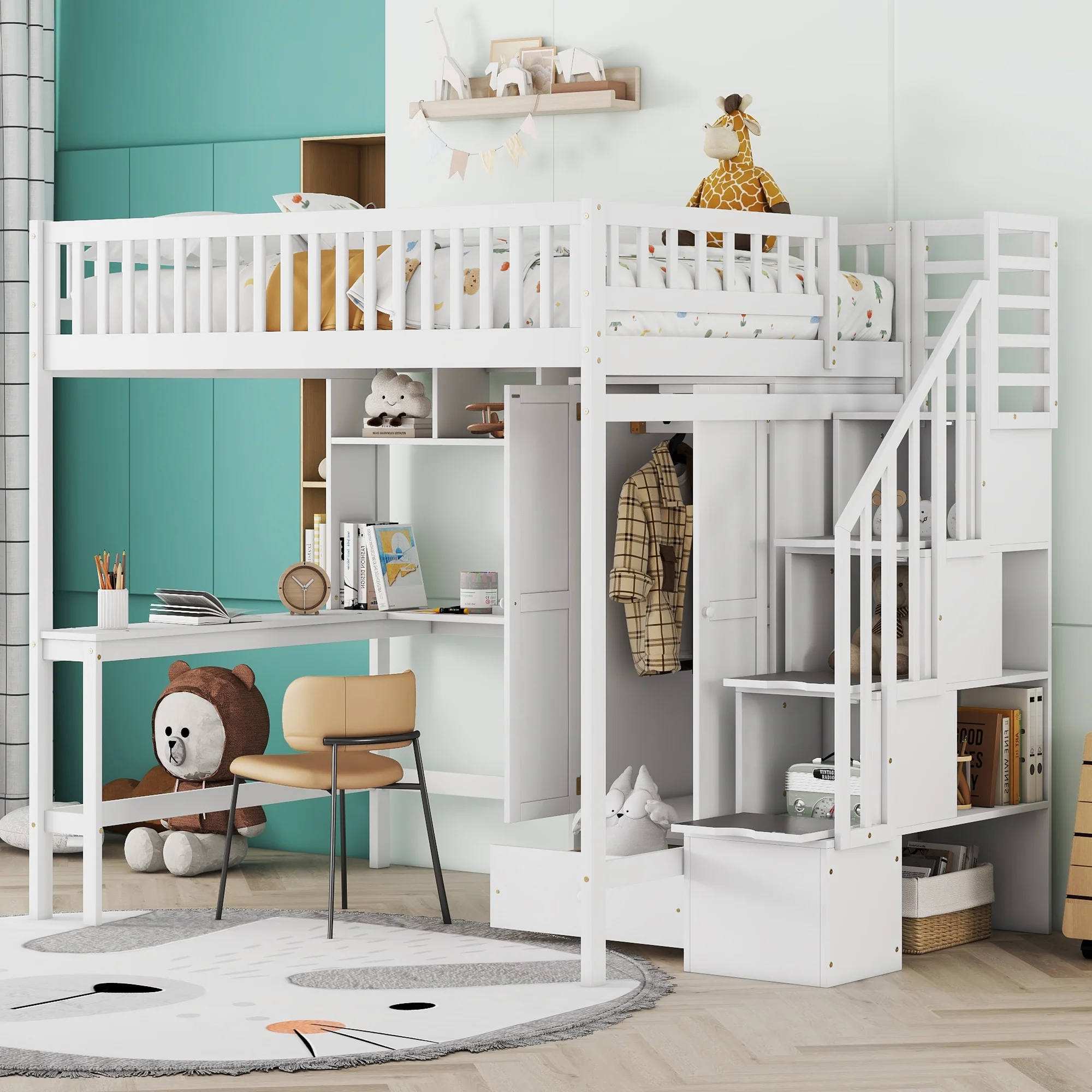 Churanty Full Loft Bed with Wardrobe Storage Space, Stairs Loft Bed with Desk and Shelves for Kids Boys Girls Teens,White