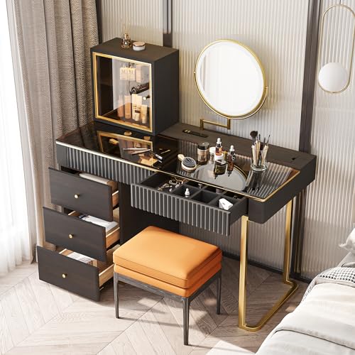 POVISON Makeup Vanity Desk with Mirror & LED Light, Easy Assembly, Mid Century Modern Dresser Desk, Dressing Table with Stool & Charging Station, 5 Drawers, Tempered Glass Top (Wood, 47