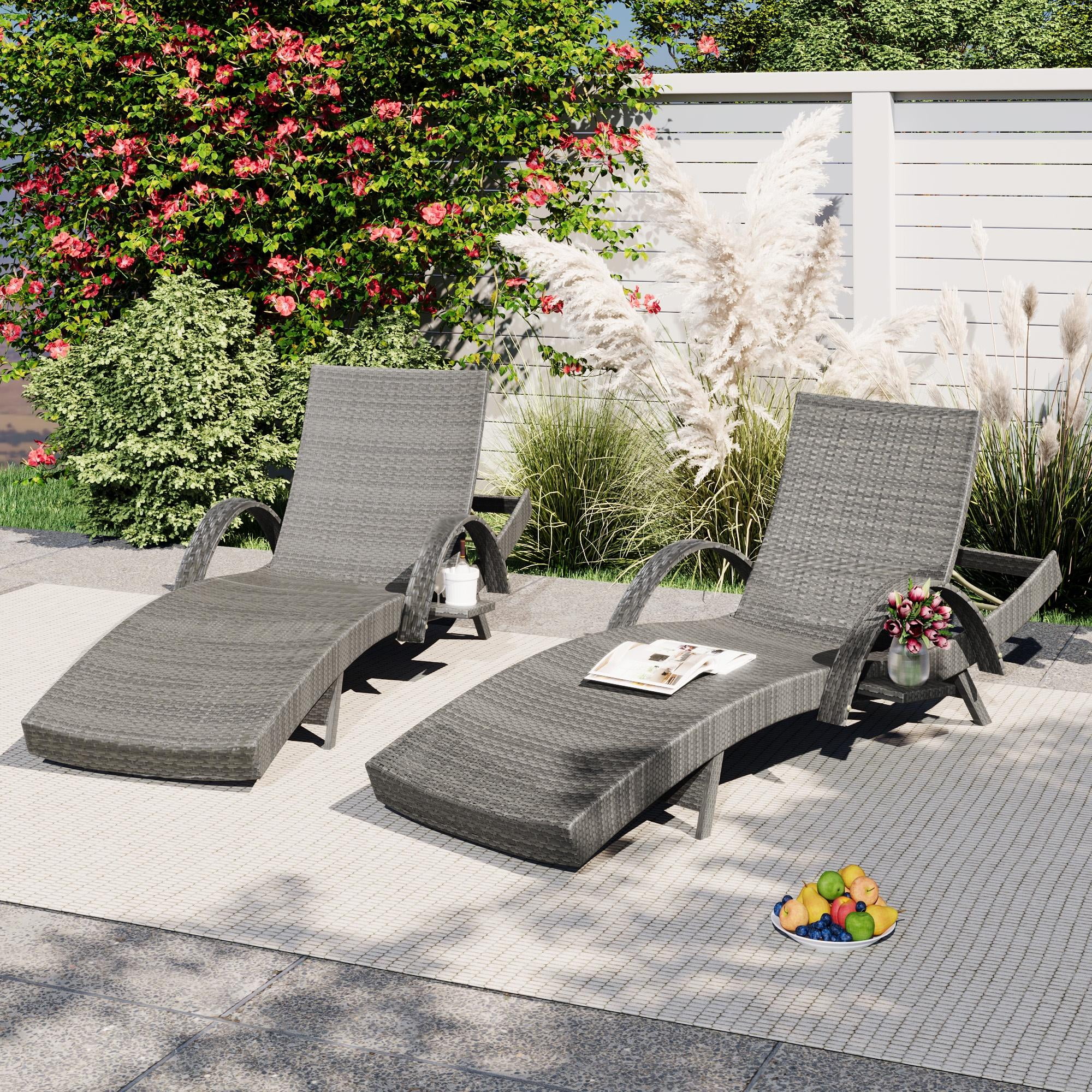 Glavbiku Outdoor Wicker Lounge Chairs Set of 2,Patio Rattan Reclining with Pull-out Side Table,Gray