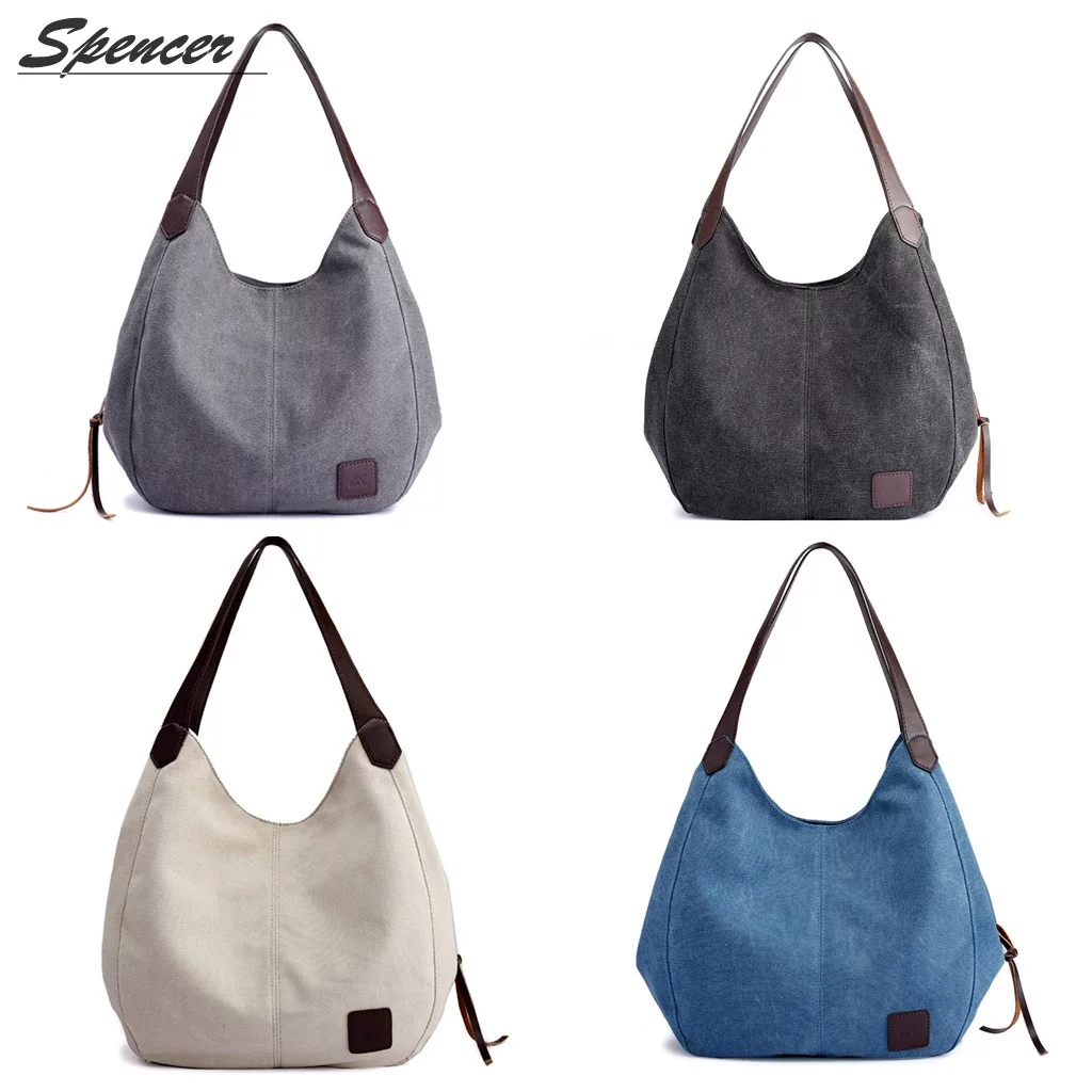 Spencer Women's Multi-pocket Shoulder Bag Fashion Cotton Canvas Handbag Tote Purse Satchel Travel Bag 