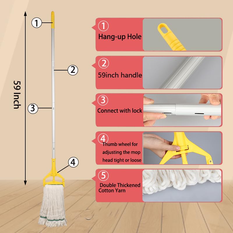 OFO Loop-End String Mop, Heavy Duty Commercial Industrial Mop with Extra Mop Head Replacement, 59 inch Handle for Floor Cleaning