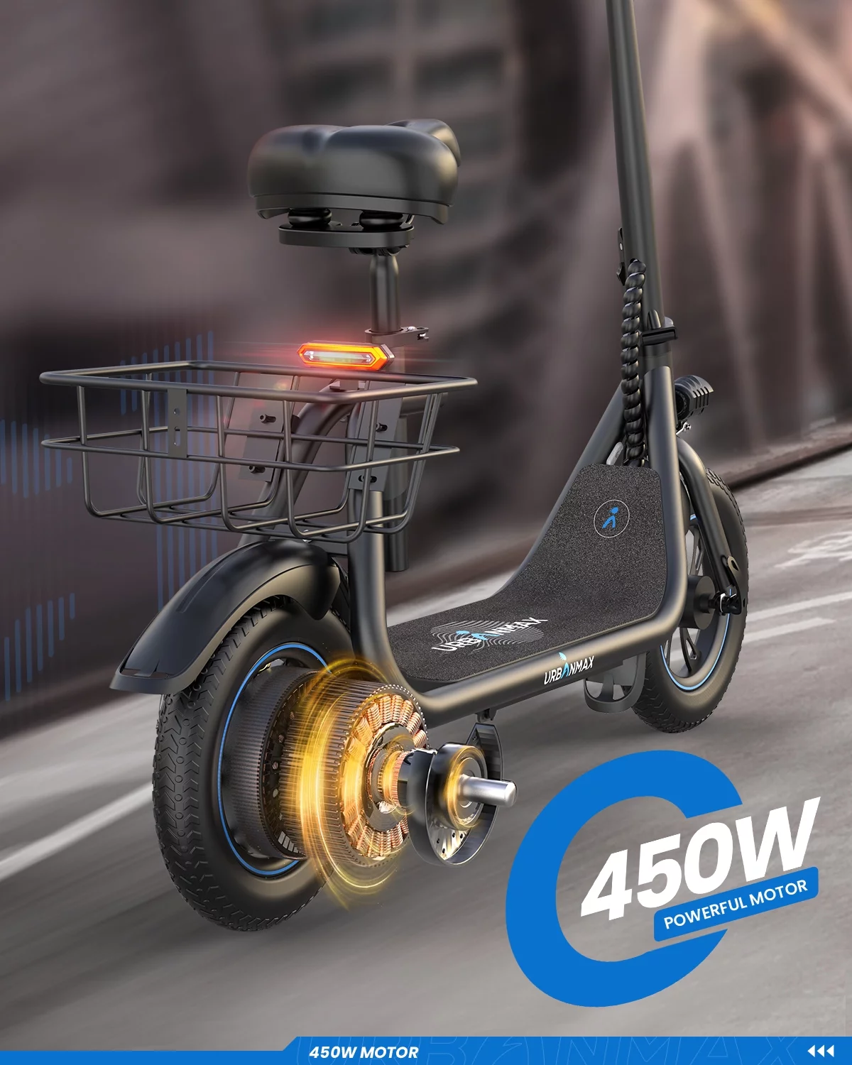 Mihover 450W 36V Foldable Electric Scooters Bike, Adult Electric Moped Commuter Ebike Biycle Waterproof E-Scooter With Seat Basket 12 in Off-Road Tires, Black