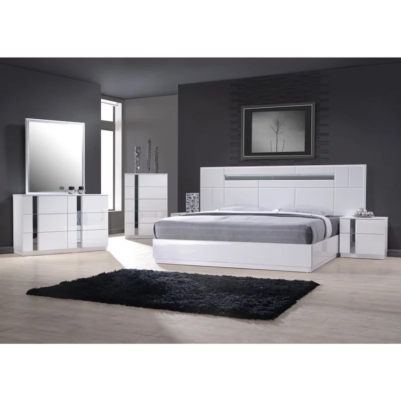 Palermo Modern Bedroom Set, White Lacquer, 5-Piece Set, King Size