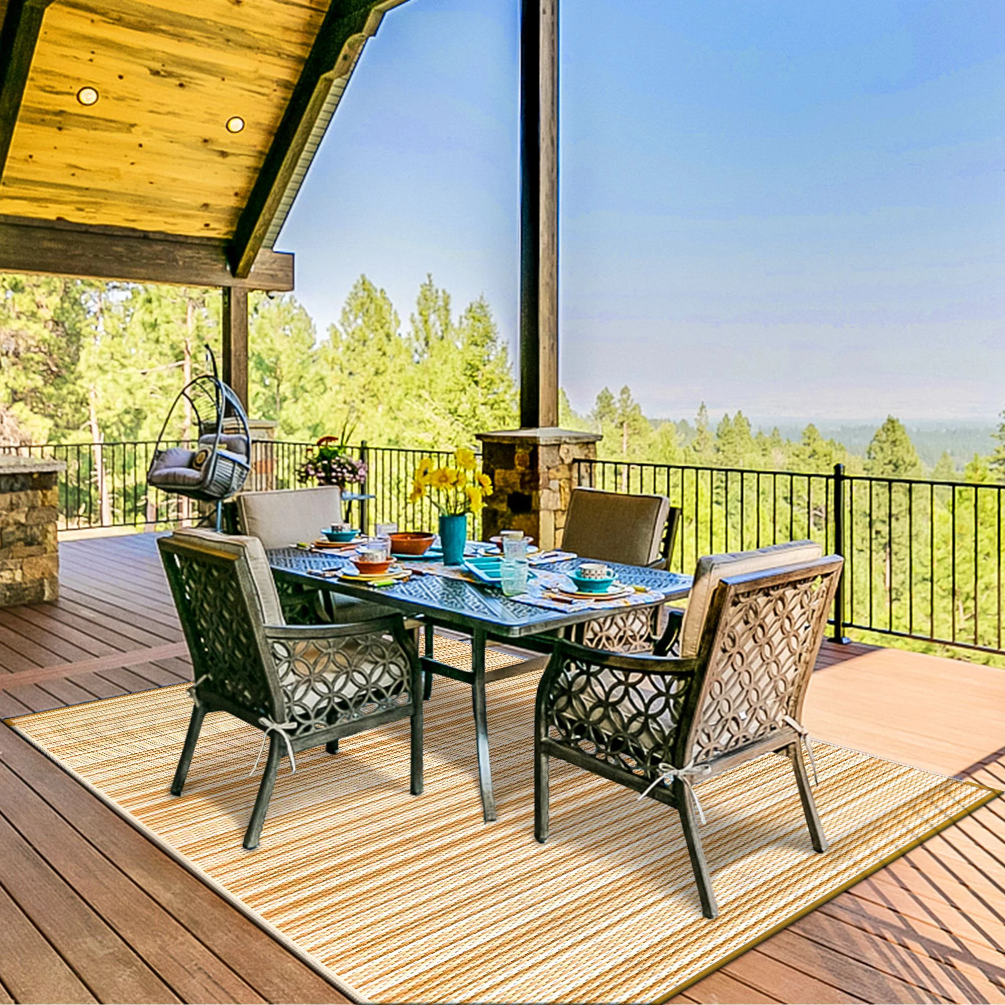 DEORAB 6x9 Outdoor Rug Waterproof, Reversible Mats, Outdoor Area Rug, Plastic Outside Carpet, Geometric Rv Mat for Patio,Camping,Multi Brown & Beige