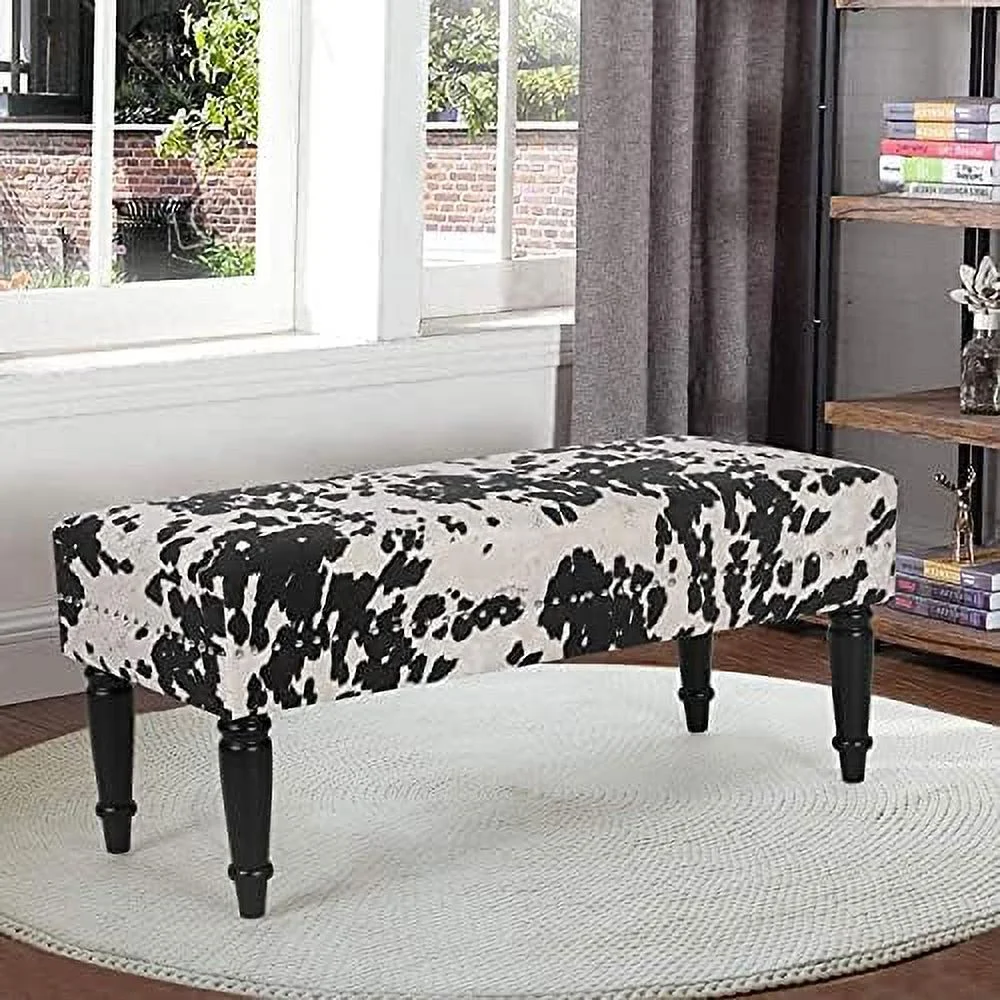 Century Modern Bench- End Of Bed Bench Dining Bench Ottomans With Rivet- Upholstered Small Bed Bench Coffee Table Ottoman For Bedroom Entryway And Living Room (Black Milk Cow)
