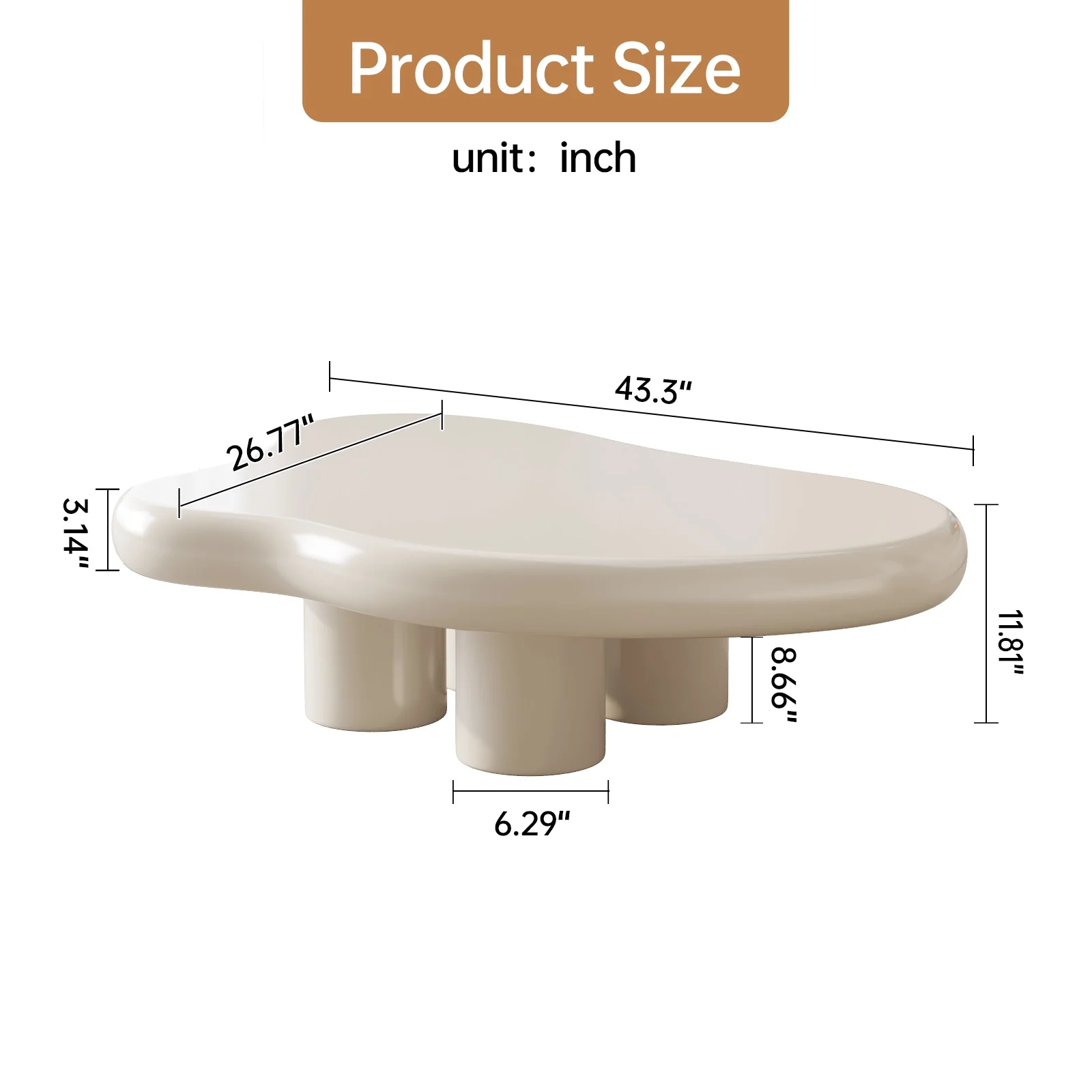 Guyii Cloud Coffee Table, Modern Indoor Tea Table for Living Room, Cream White 43.3'' Coffee Table with 4 Legs