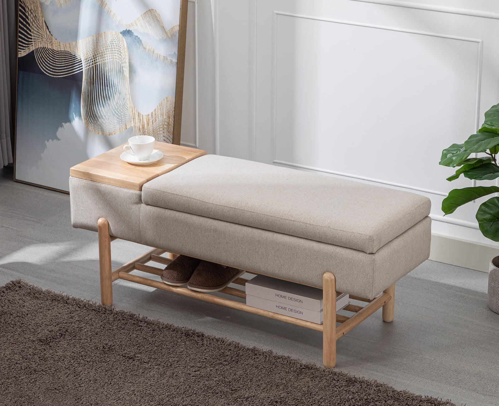 Guyou Storage Bench Linen End of Bed Ottoman Bench with Wooden Shoe Rack and Coffee Table, Modern Upholstered Long Seating Bench Entryway Bench for Hallway Foyer Living Room Bedroom, Beige