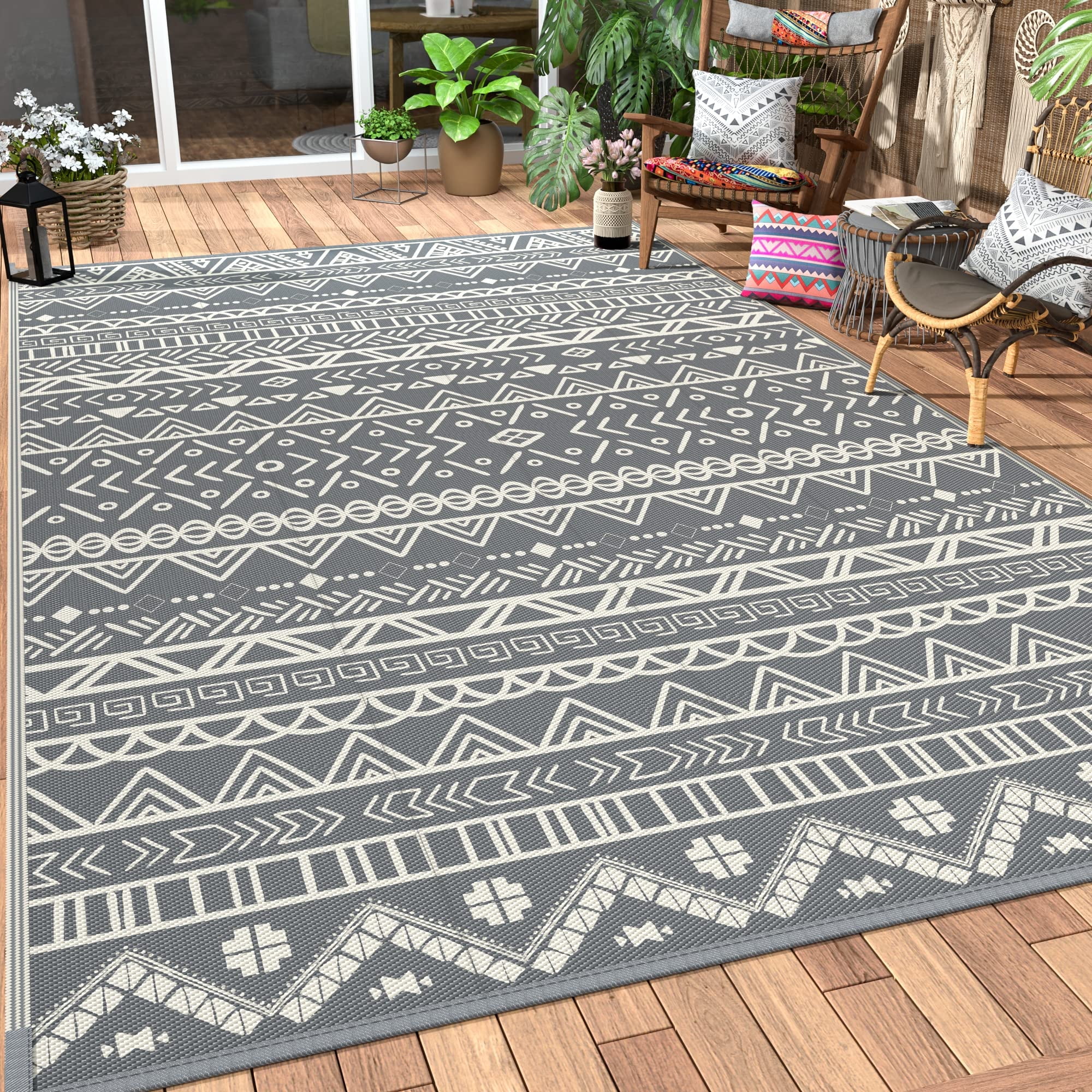 DEORAB Boho Outdoor Rug, Outside Waterproof Patio Plastic Clearance Reversible Rv, 6x9ft Grey White