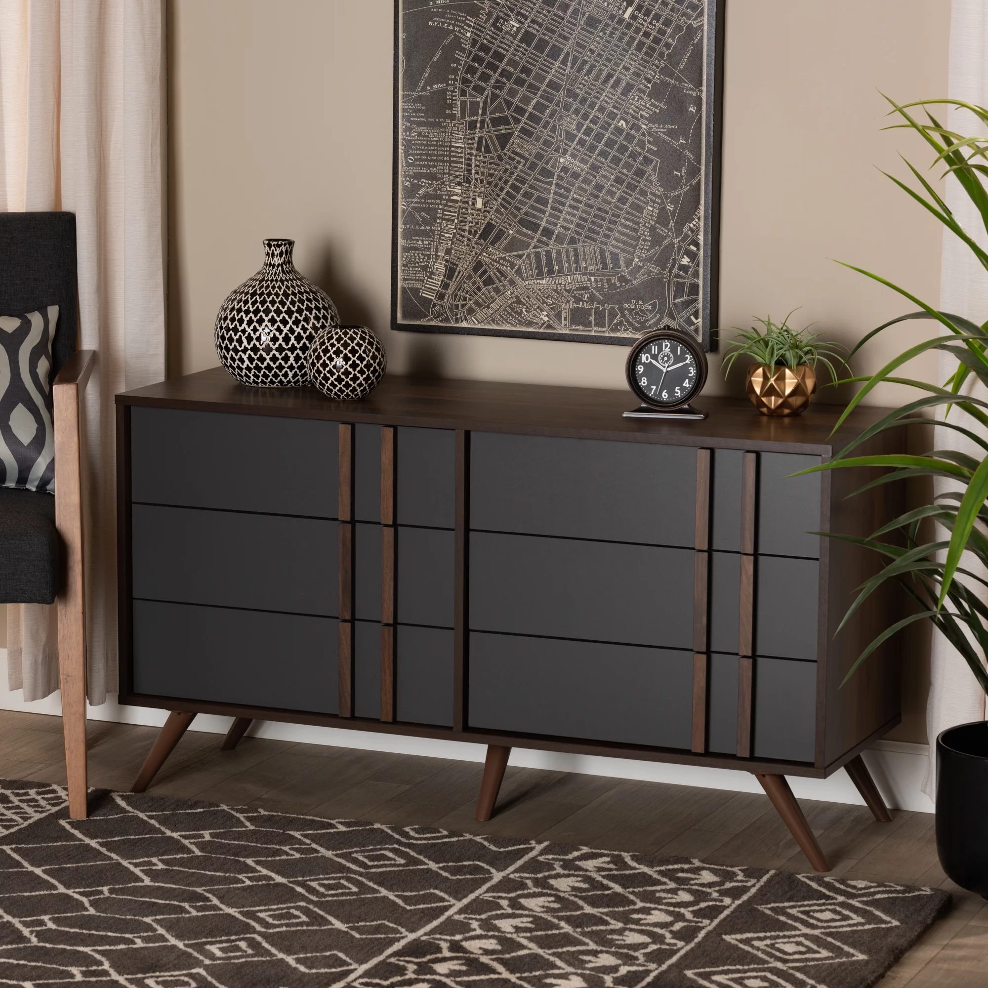 Baxton Studio Naoki Modern and Contemporary Two-Tone Grey and Walnut Finished Wood 6-Drawer Bedroom Dresser