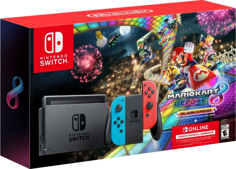 Nintendo Switch Console with Blue & Red Joy-Con, Mario Kart 8 Deluxe (Full Game Download) & 3 Month Membership