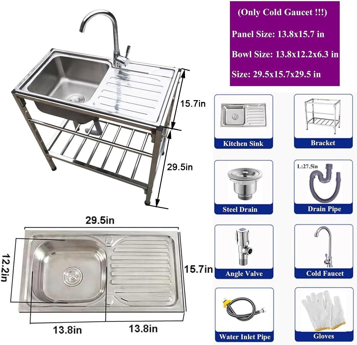 Free Standing Kitchen Stainless Steel Utility Sink Set with Faucet for Laundry Room/Backyard/Garage Portable Outdoor Camping Sink Laundry Sink Dish Washing Station with Hose Hook Up