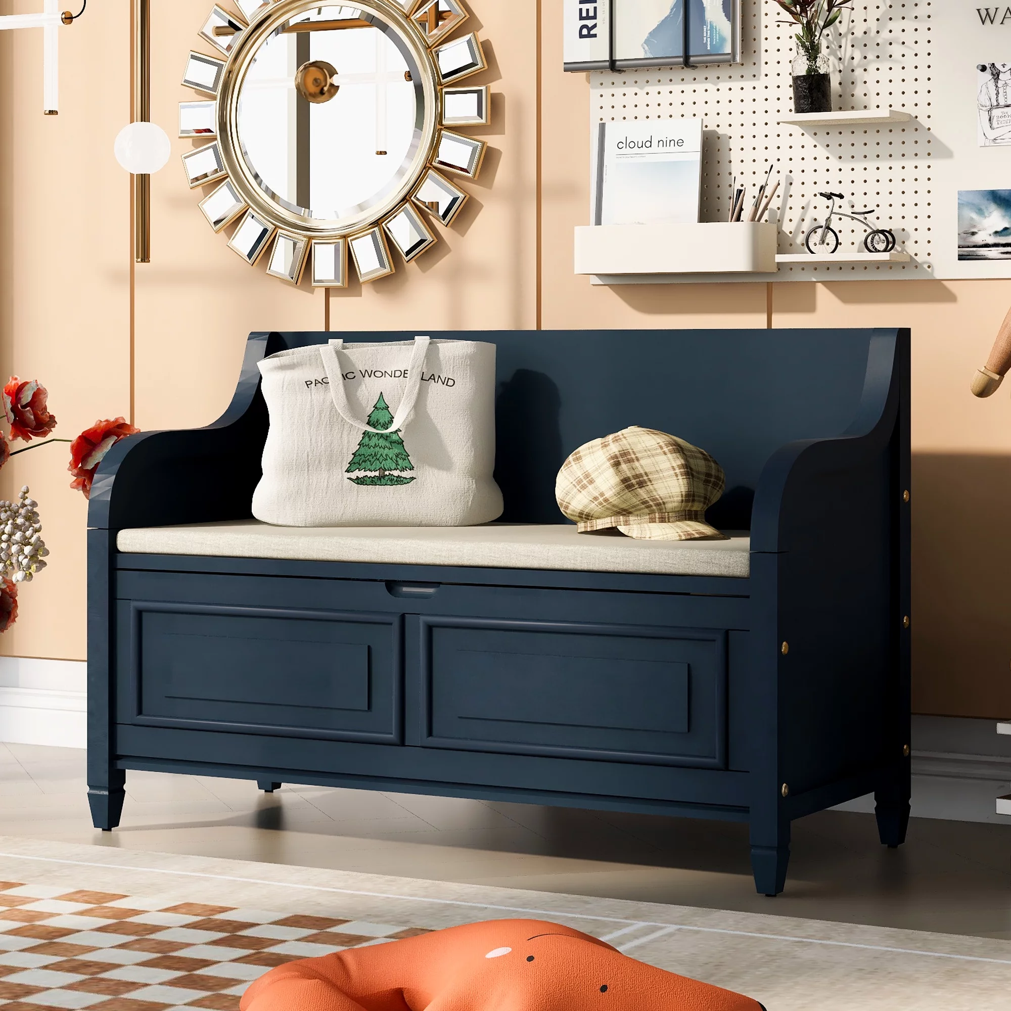 Storage Bench, Entryway Bench, Clamshell Shoe Bench with Hidden Storage, Wooden Storage Cabinet with Removable Cushions and Backrest, KAMIDA Storage Bench Furniture for Entryway Hallway, Blue