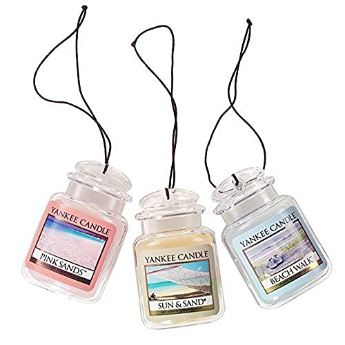 Yankee Candle Hanging Car Jar? Ultimate 3-Pack Air Fresheners, Neutralizes Odors Up to 30 Days, Includes: Beach Walk, Pink Sands, and Sun and Sand (Pack of 3)