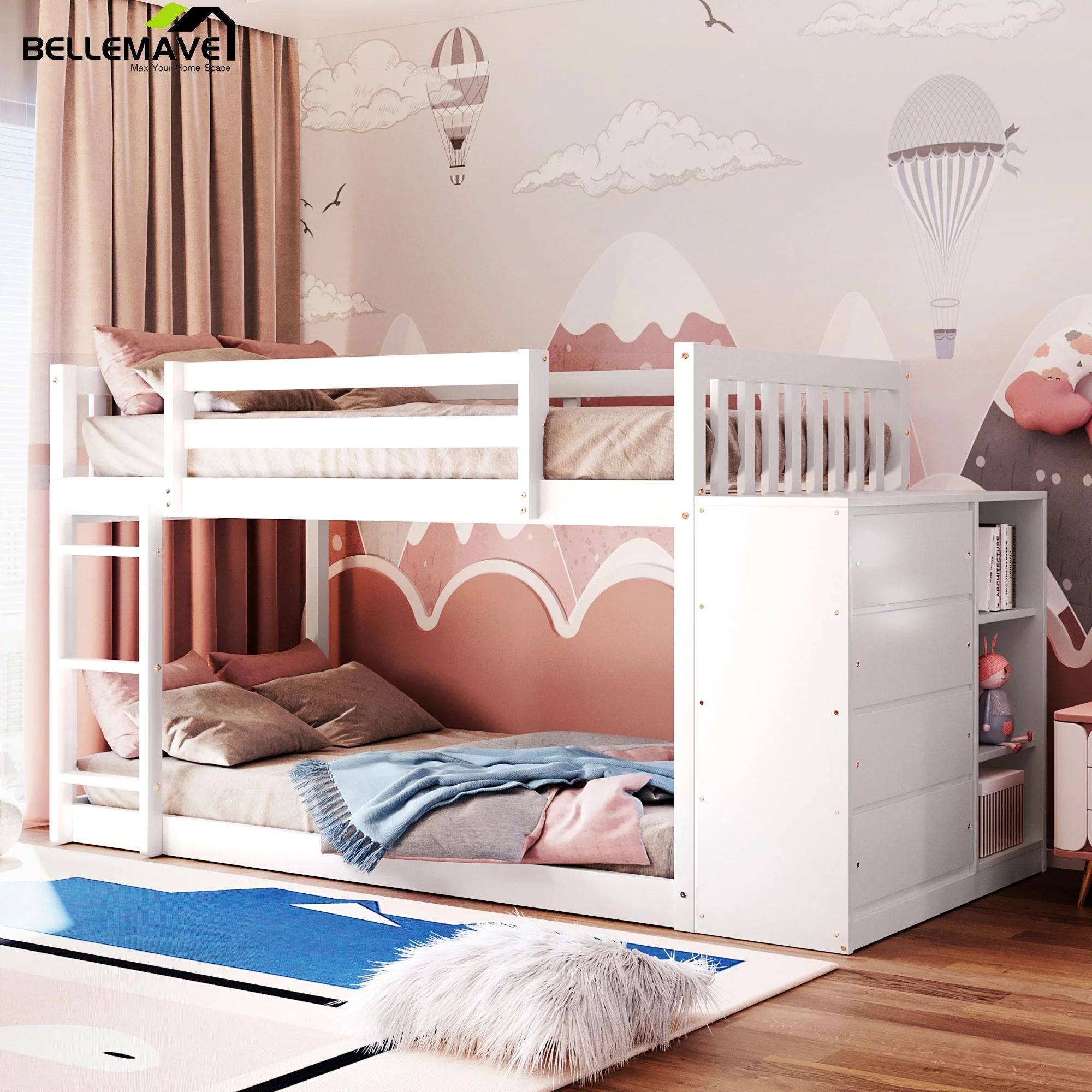 Bellemave Twin Over Twin Bunk Bed with Storage, Wood Low Bunk Bed with 4 Drawers and 3 Shelves, Twin Floor Bunk Bed Frame for Kids Teens Girls & Boys - White