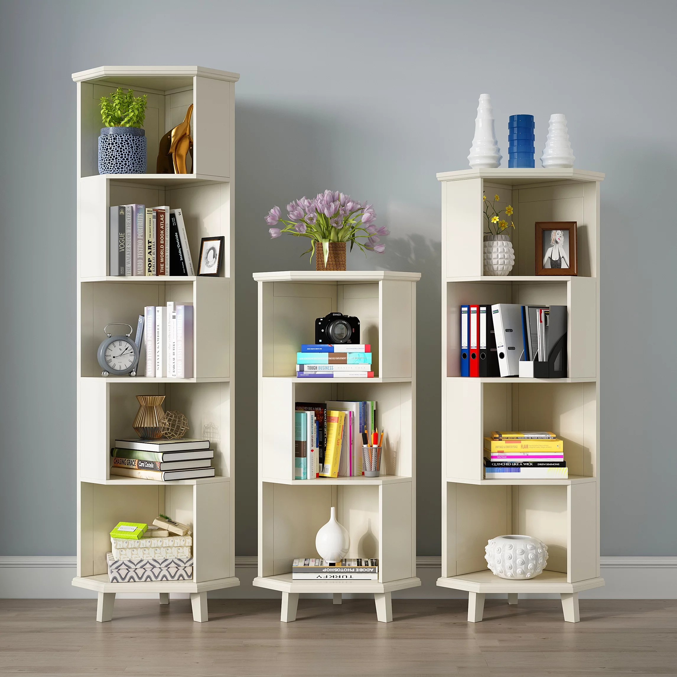 BALANBO 5-Layer Cube Corner Bookshelf Solid Wood Corner Bookcase(White)