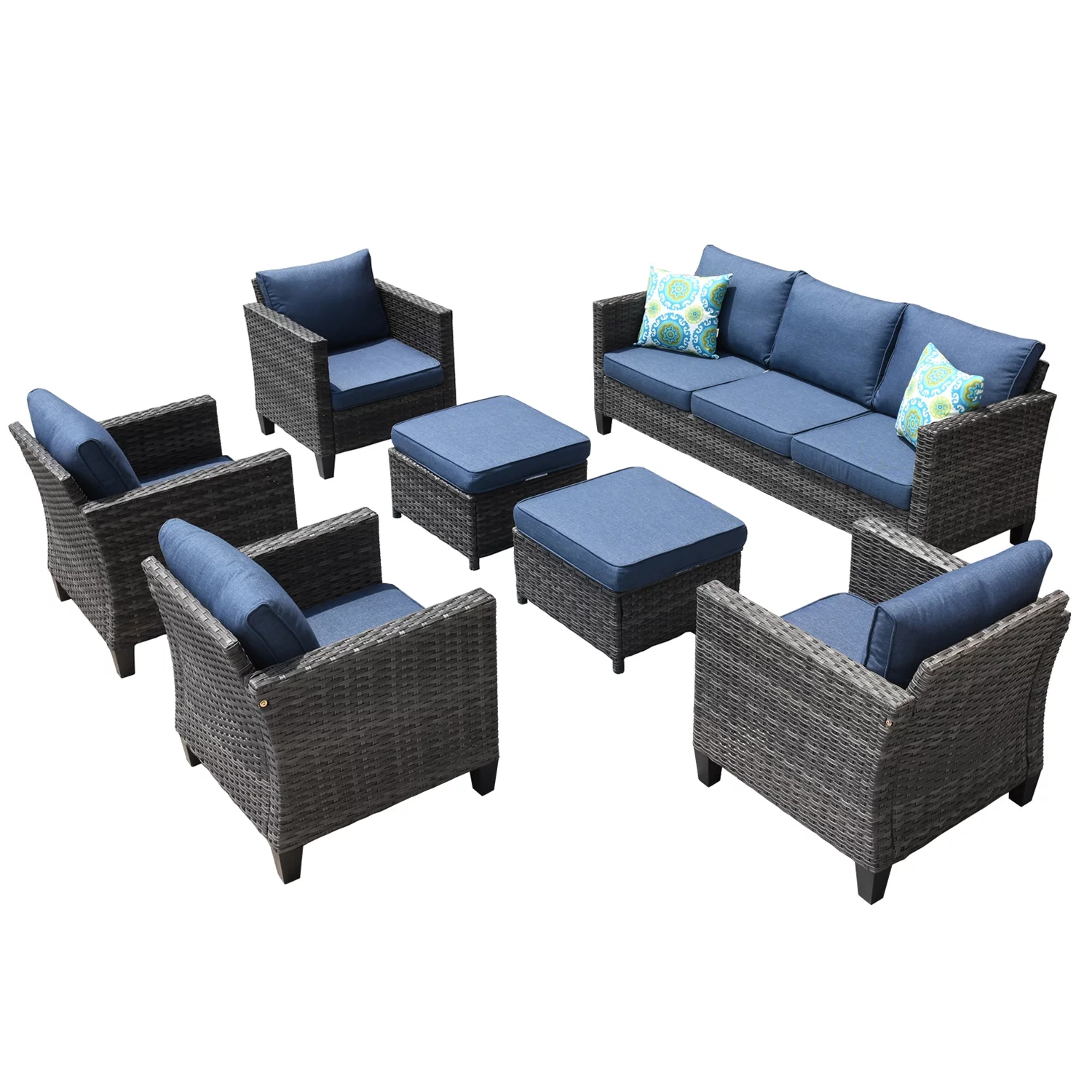 Ovios 7 Pieces Modern Outdoor Patio Furniture All Weather Wicker Conversation Set with Sectional Couch and Ottoman for Backyard