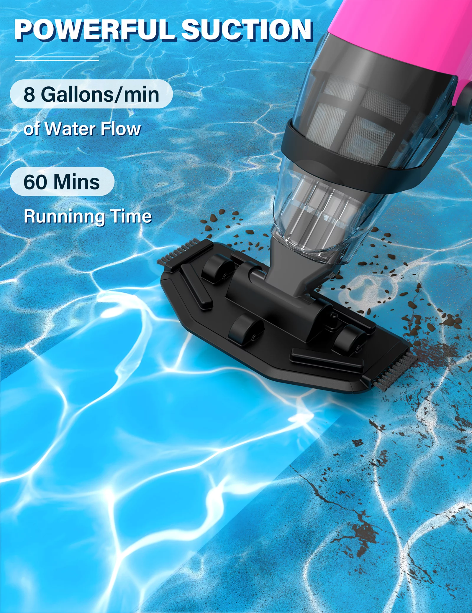 Efurden Cordless Pool Vacuum, Handheld Pool Vacuum with Running Time up to 60-Minutes for Above Ground Pools, Spas and Hot Tubs,Pink