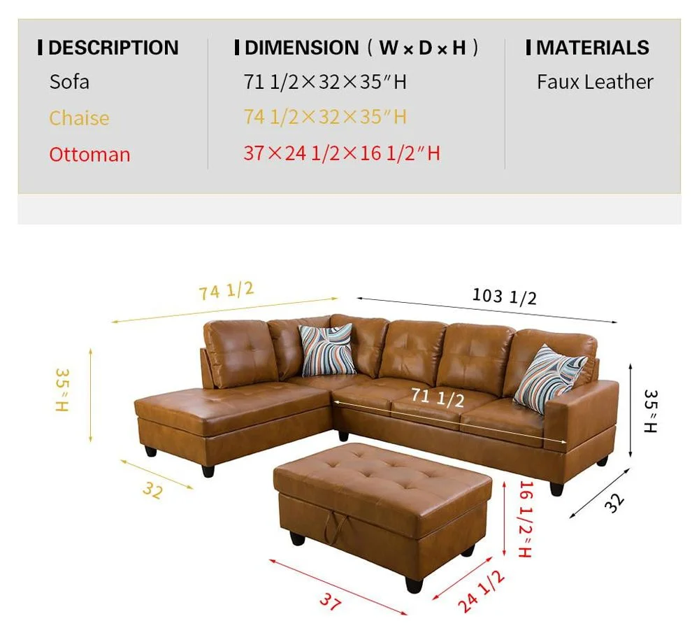 PonLiving Furniture Faux Leather 3 Piece Ginger Left Hand Facing Sectional Sofa Couch Set, L-Shaped Modern Sofa with Chaise Storage Ottoman and Pillows for Living Room Furniture