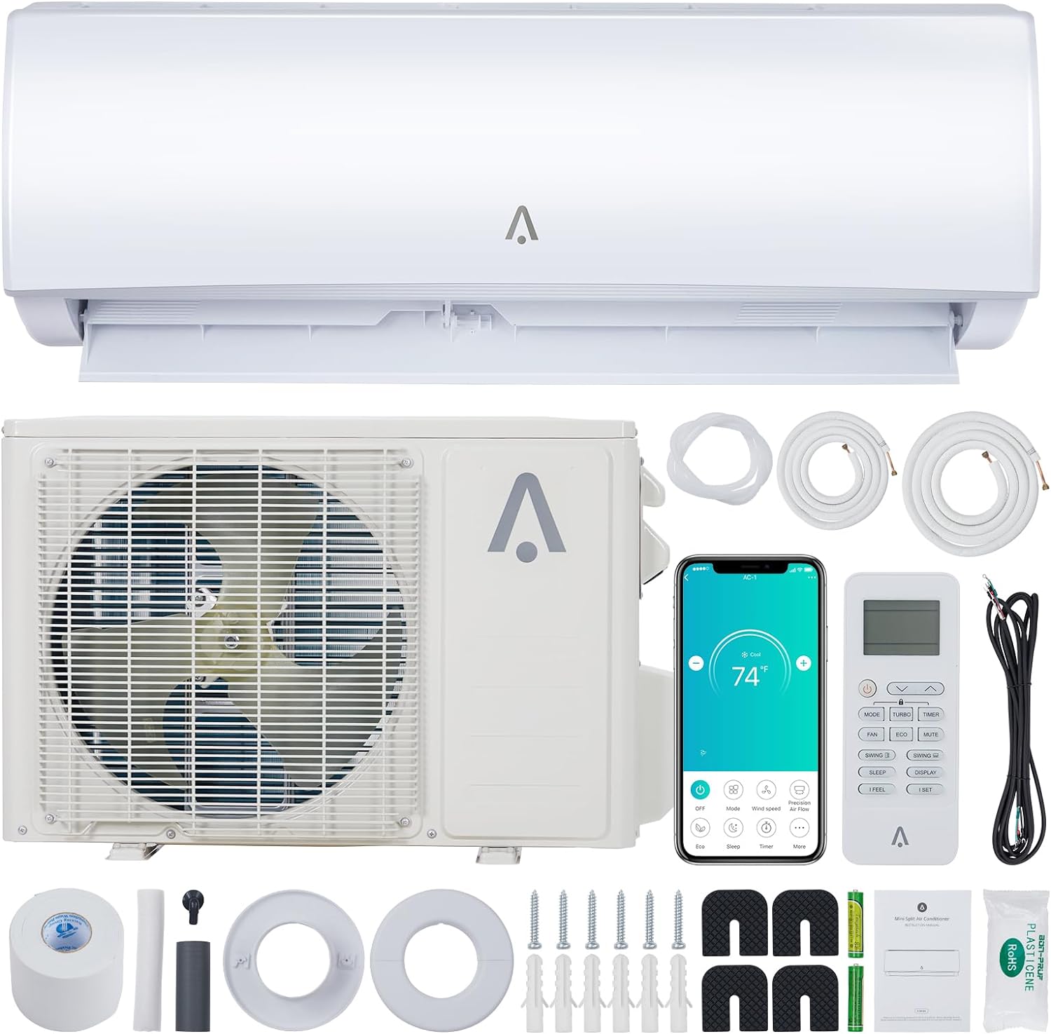 18000 BTU Smart Mini Split AC/Heating System 19 SEER Split Inverter Air Conditioner with Pre-Charged Heat Pump & Installation Kit, WIFI and Remote Control, Cool Room up to 1250 Sq. Ft, 208/230V