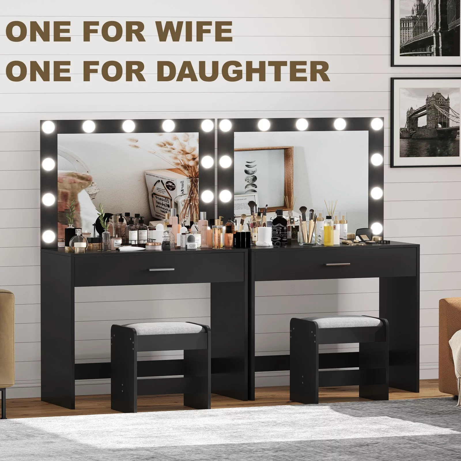 Modern Makeup Vanity Table with 3-Color Lights,Wooden Bedroom Dressing Desk with Mirror, Black