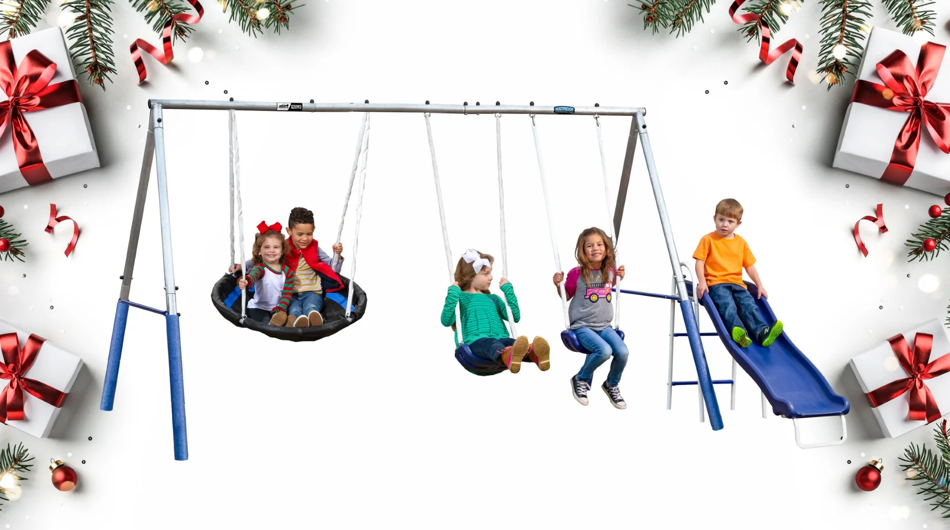 XDP Recreation Firefly Metal Swing Set with  2 LED Swing Seats, Super Disc Swing, & Wave Slide