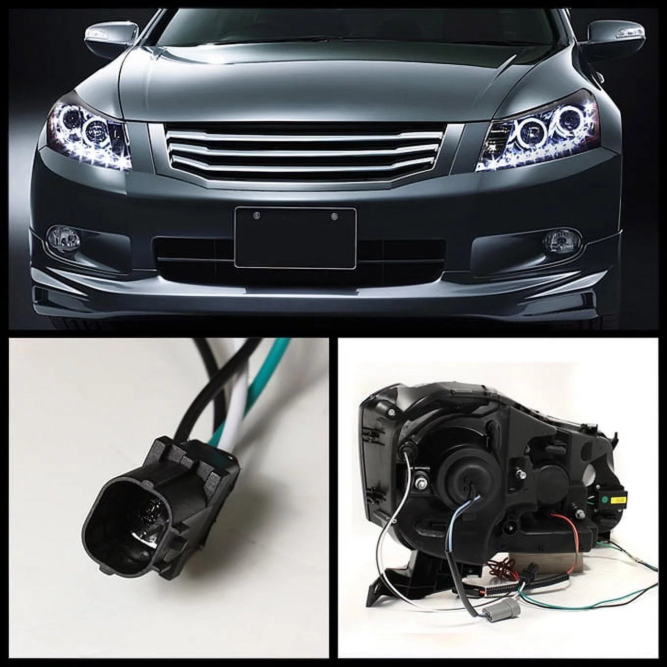 AKKON - For Honda Accord Black Bezel Dual Halo Ring DRL LED Strip Projector Headlights Front Lamps Replacement