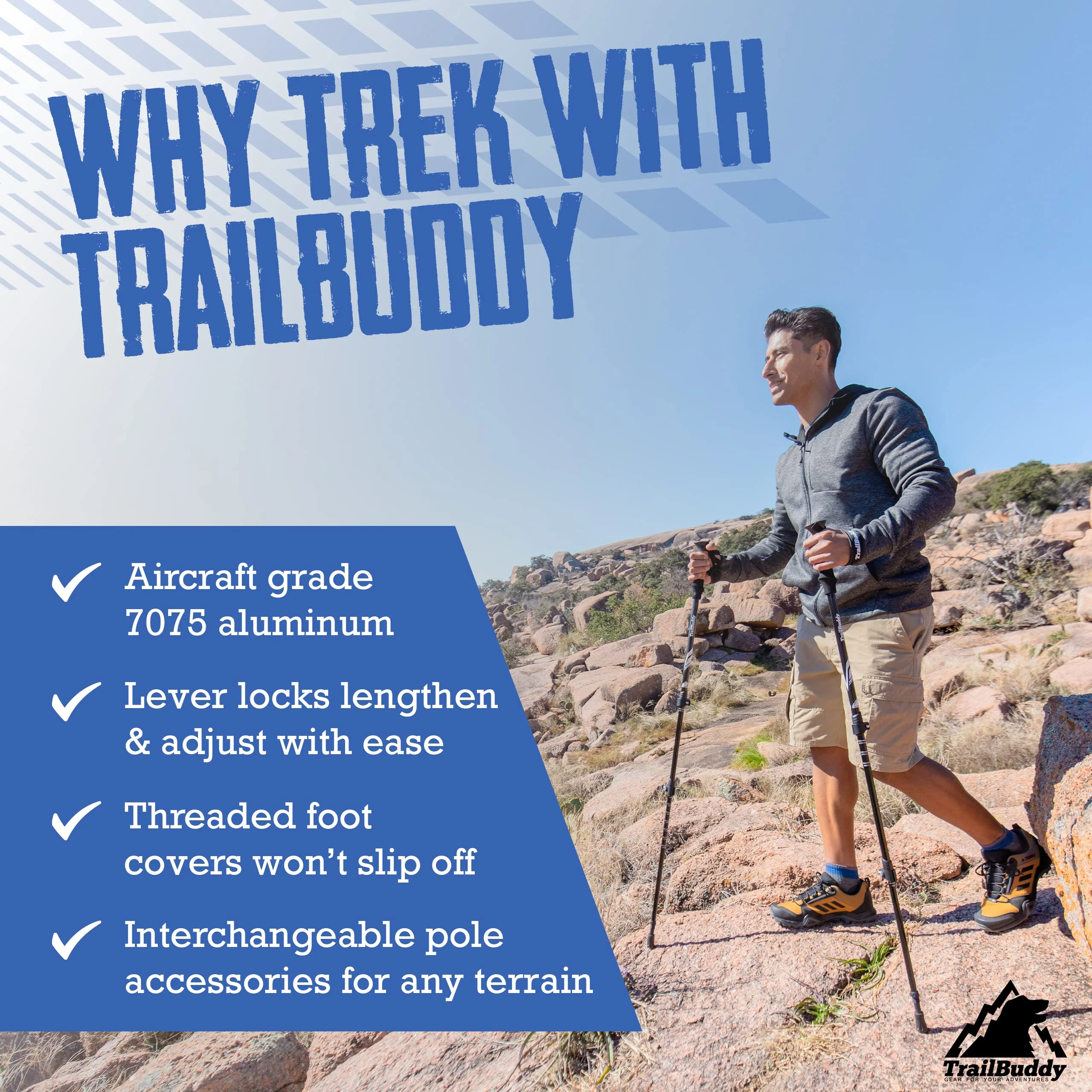 TrailBuddy Lightweight Aluminum Trekking, Hiking Poles, Walking Sticks - Adjustable 24.5 to 54 in. (Black)