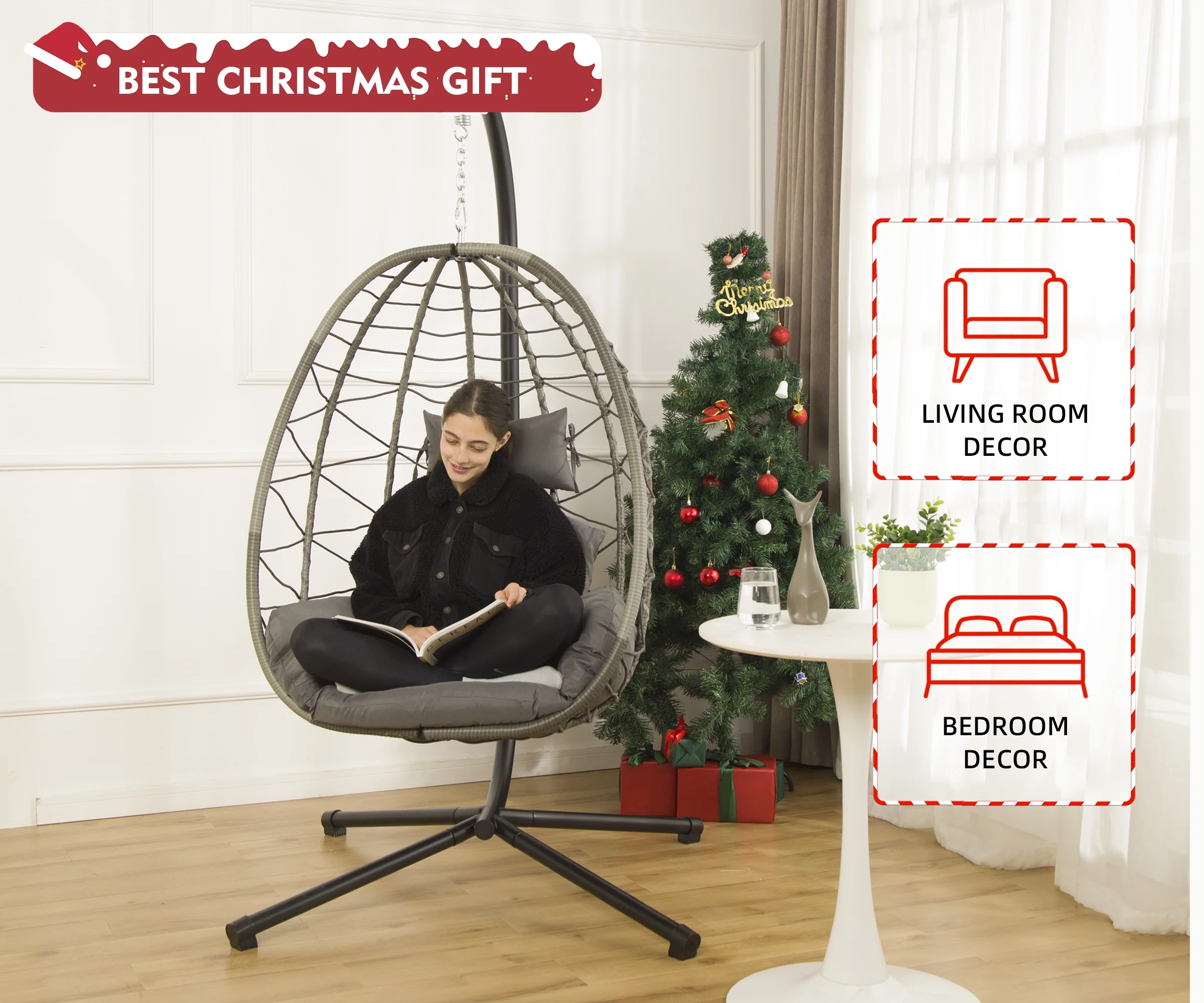 LHBcraft Swing chair clearance indoor Home Outdoor Egg Swing Chair, Patio Hanging Wicker basket stand with Soft Cushion UV Resistant 350LBS Capacity for Patio Backyard