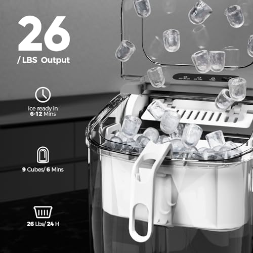 Countertop Ice Maker Machine, Portable Ice Maker with Handle, 27lbs/24Hrs, 7Mins/9 Pcs ice Cubes, Countertop, Self-Cleaning Ice Maker with Ice Basket/Scoop, for Home/Kitchen/Office(Black)