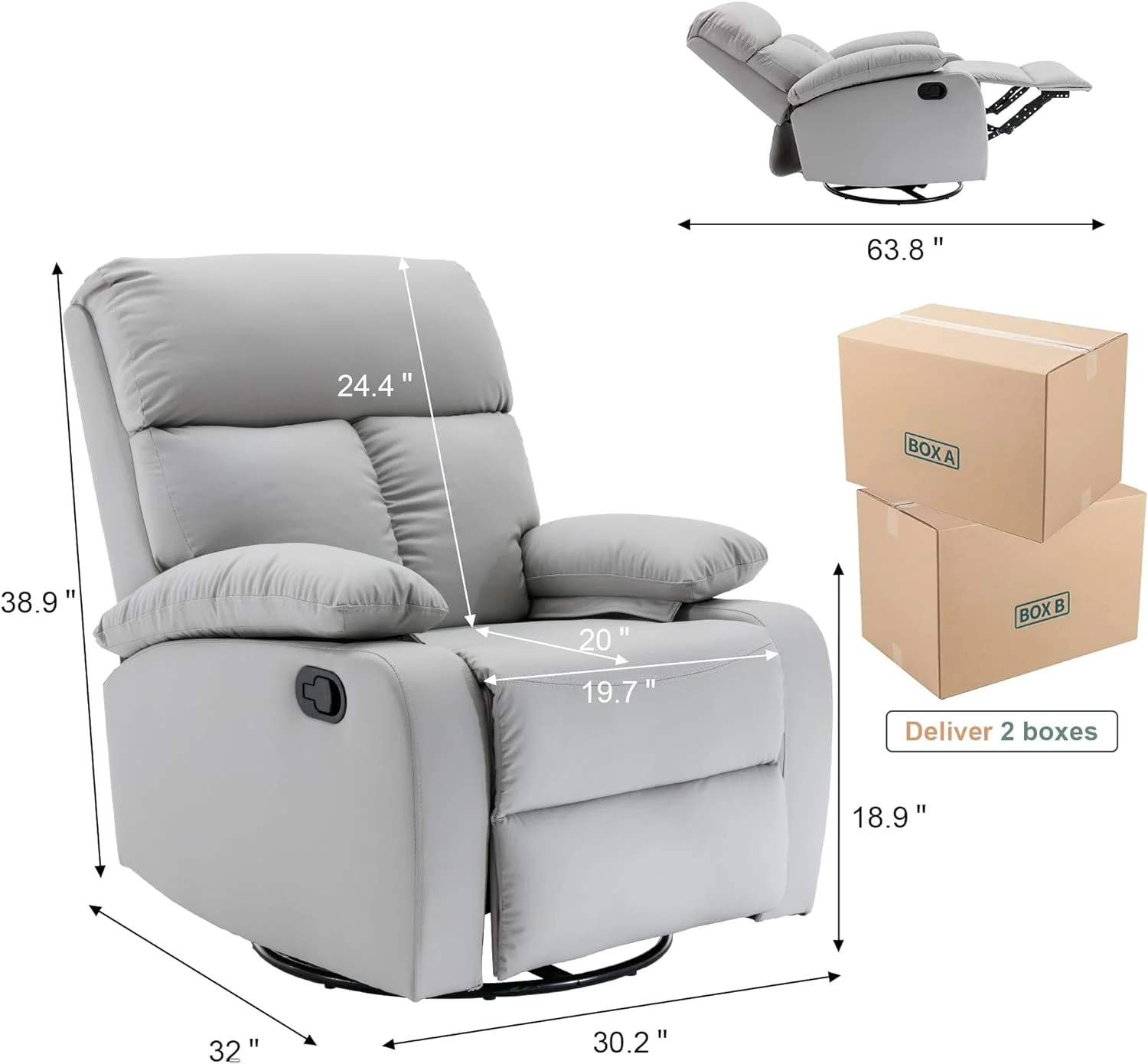 GNMLP Small Recliners for Small Space,360°Swivel＆30°Rocking Chair with Adjustable Footrest for Living Room-Light Gray