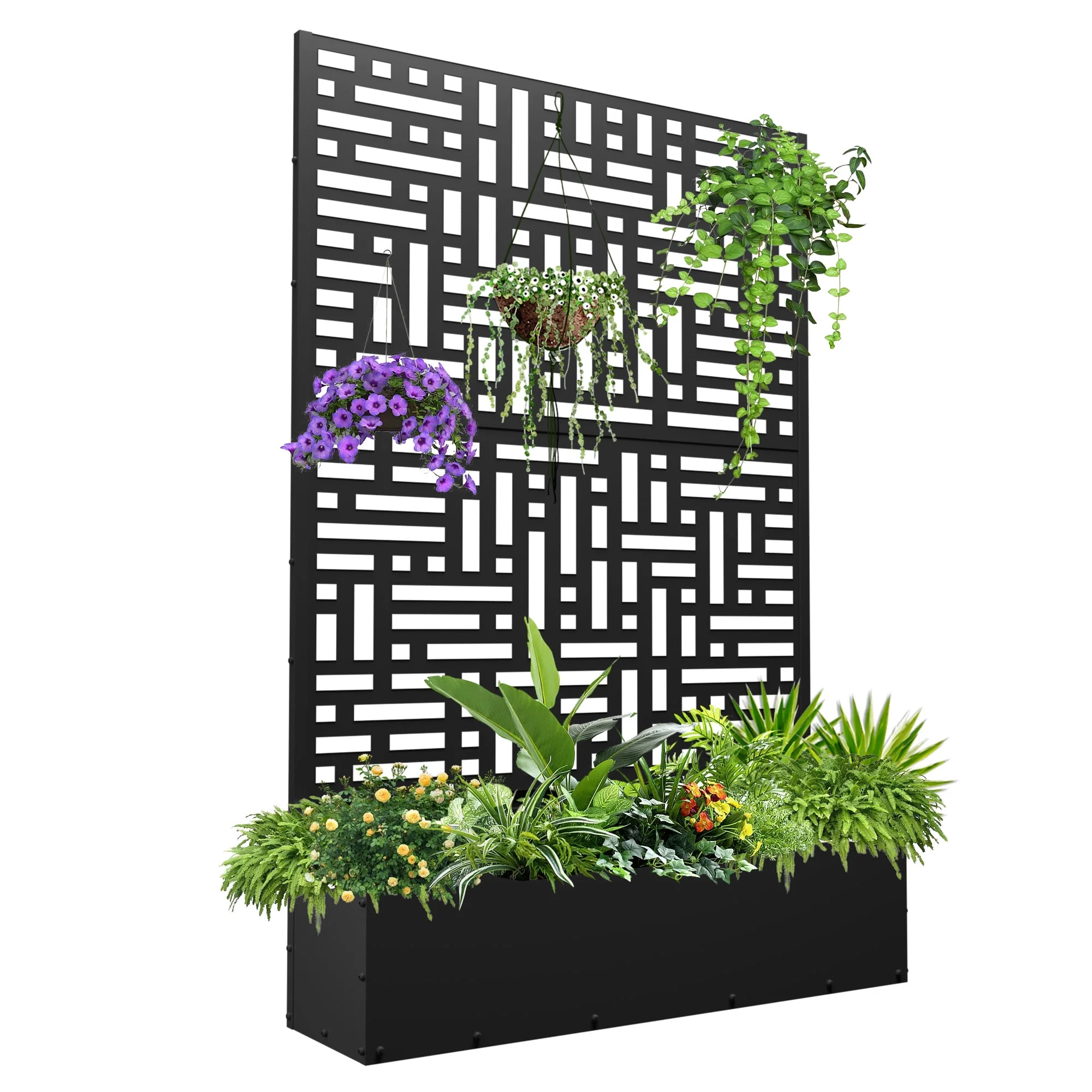 FOOWIN 71'' H Metal Planter with Trellis, Outdoor Raised Garden Bed for Climbing Plants, Trellis Planter Box with Drainage Hole, Black, 1PC
