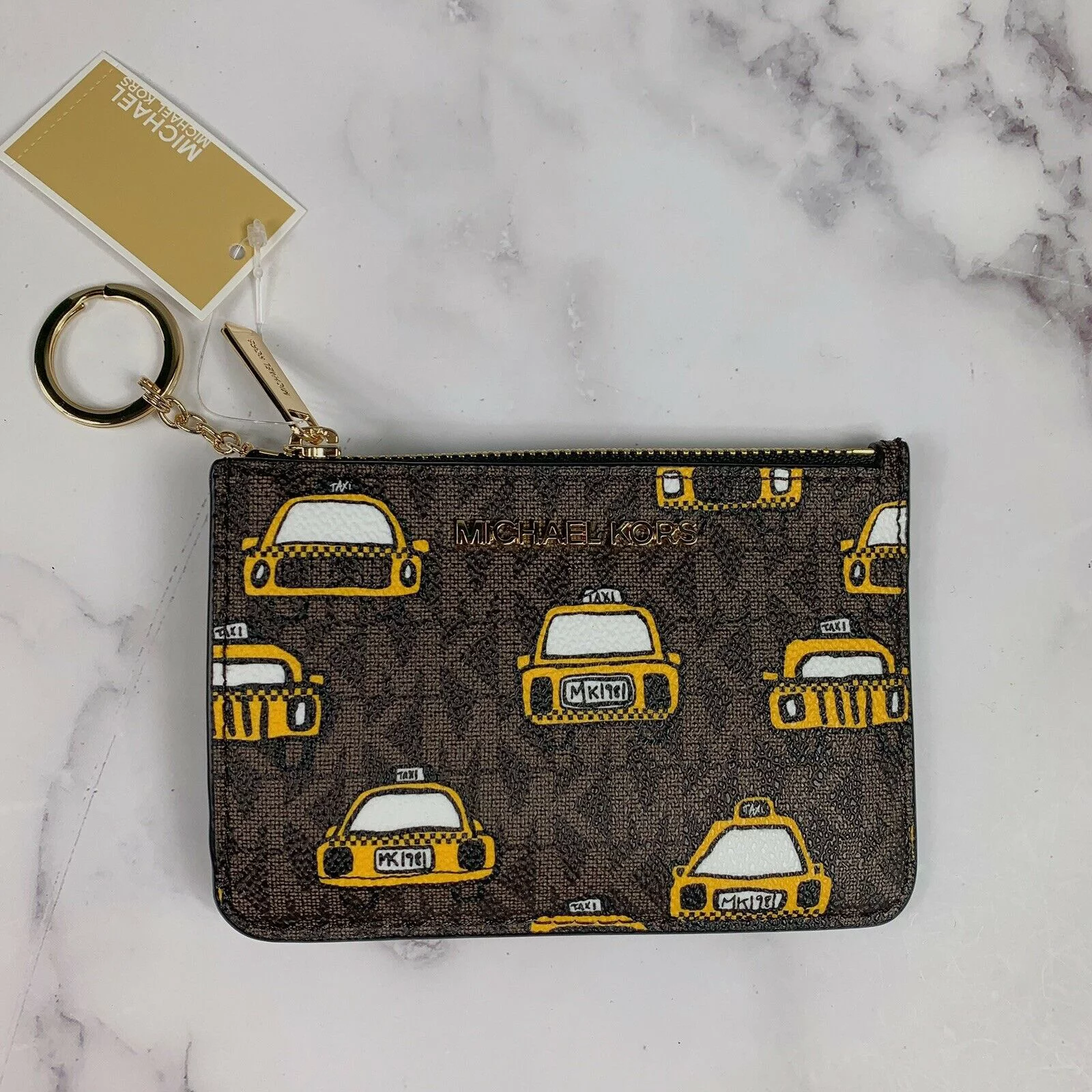 Michael Kors Nyc Jst Sm Coinpouch Id Holder Leather Wallet Mk Brown Yello Taxi