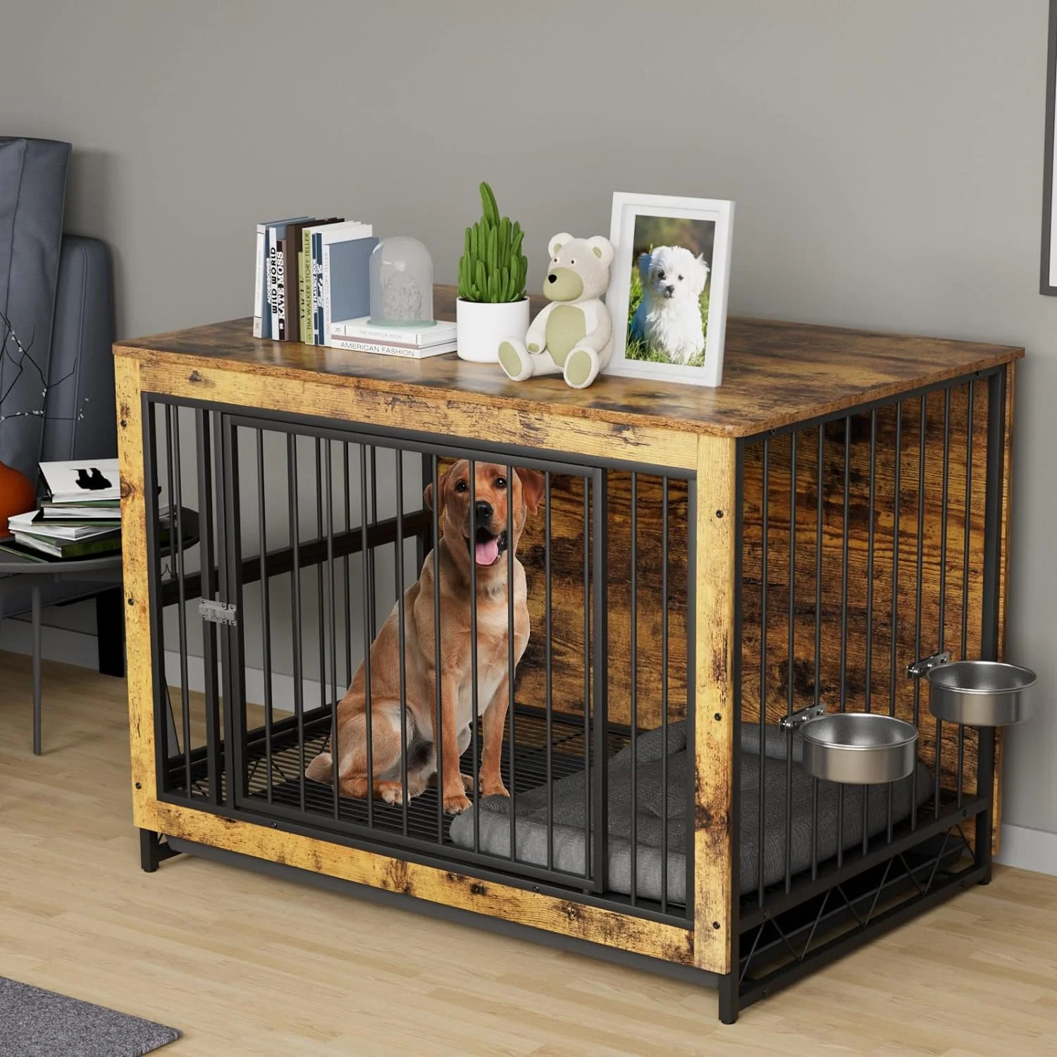 Arlopu 44.1'' Furniture Style Large Dog Crate with 2 Stainless Steel Bowls, Wooden Dog Cage End Table Dog House Heavy Duty Indoor Kennel for Small, Medium, Large Dogs