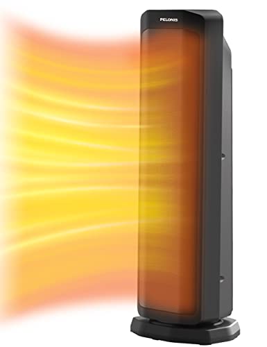 PELONIS 23” Oscillating Ceramic Tower Space Heater with Remote & Thermostat, Electric Energy Efficient Floor Heater for Indoor Use Large Room Safe with Timer, ECO Mode, 1500W, White