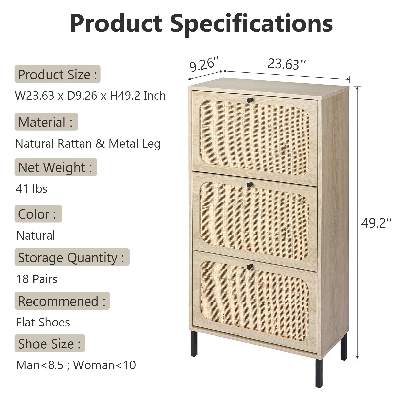 Lecut Rattan Shoe Cabinet 3 Flip Drawer Shoe Cabinet Organizer with Adjustable Shelves Freestanding Wooden Shoe Rack Storage Cabinet With Metal Legs for Entryway Hallway Bedroom Mudroom Natural