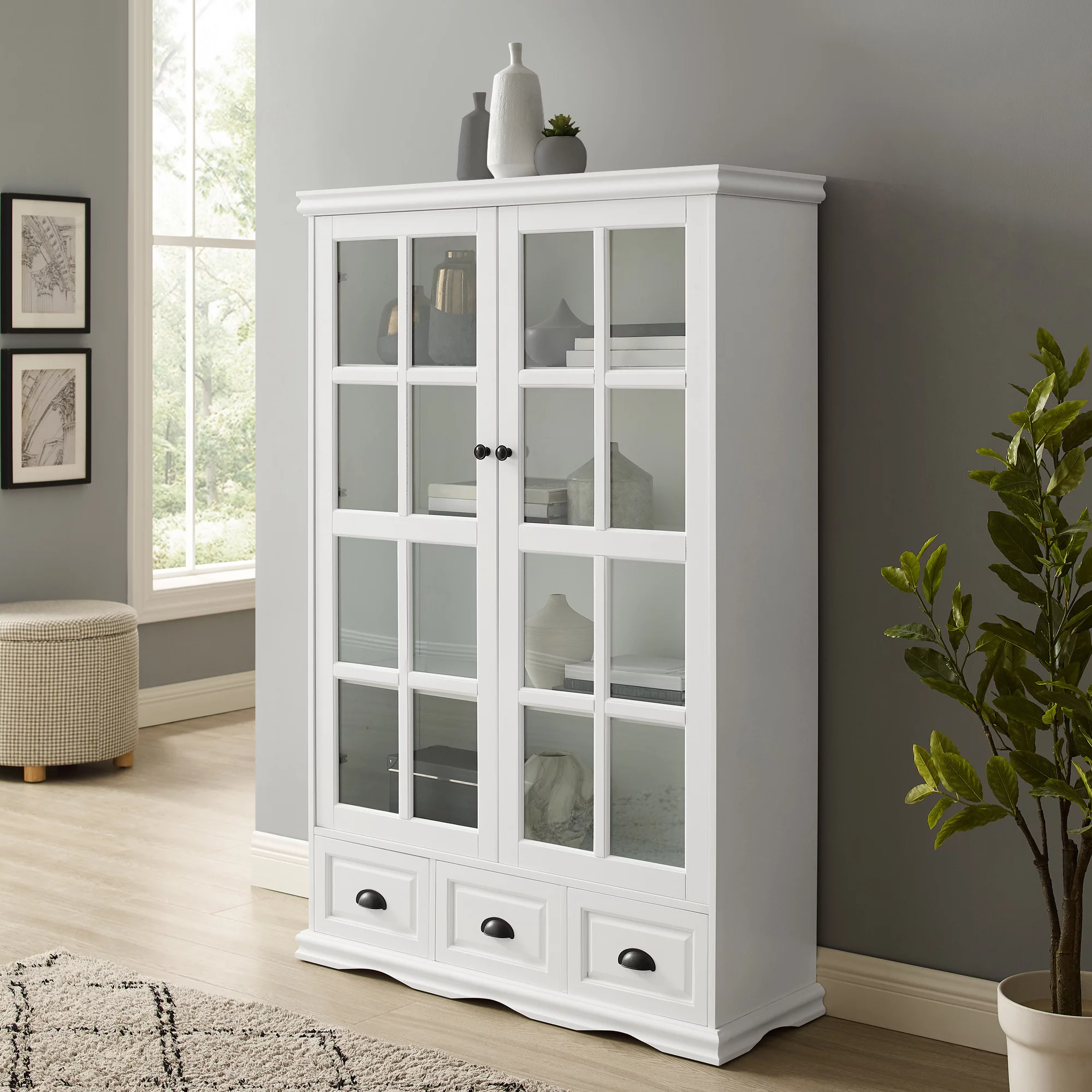 Storage Cabinet with Tempered Glass Doors Curio Cabinet with Adjustable Shelf Display Cabinet with Triple Drawers, White