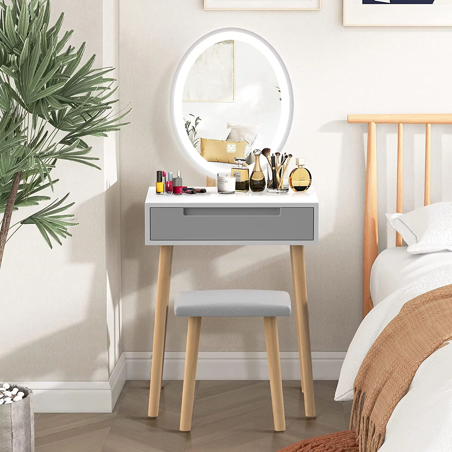 ELECWISH Makeup Vanity with Mirror Bedroom Vanity Desk with Drawers and Cushioned Stool Modern Dressing Table,Oval Mirror Gray