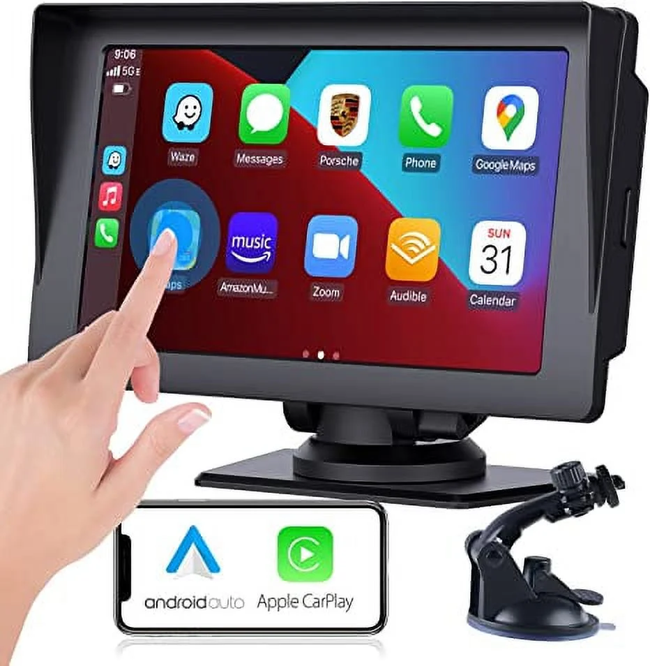 Portable Apple Carplay Polarlander,Wireless Apple Carplay and Android Auto，7'' Touch Screen Portable Car Stereo,Car Radio,Wireless AirPlay,Mirror Link,Bluetooth 5.0 Handsfree/FM/AUX/MIC/USB