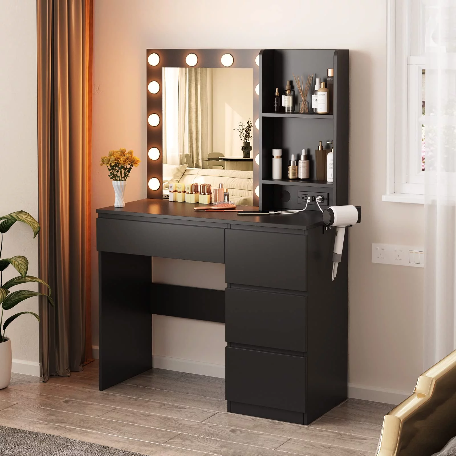 Veanerwood Makeup Vanity with Lights, Bedroom Vanity Table with Power Strip, Modern Dressing Table, 4 Drawers, 37in, Black