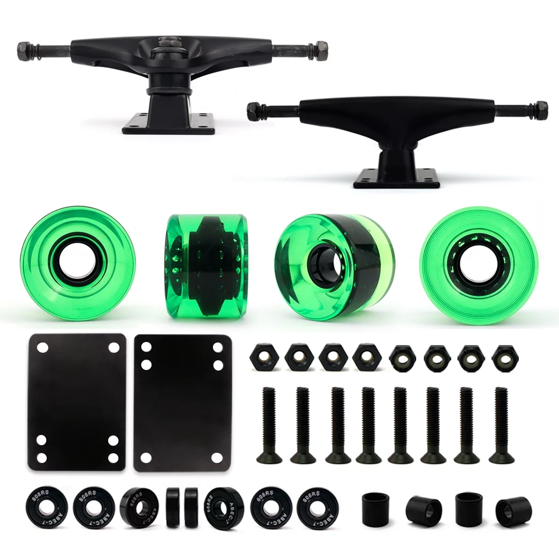 Victory Jump Cruiser Skateboard Trucks and Wheels Set, Skateboard Accessories, Skateboard Trucks 5 inch, Skateboard wheels 60mm, Skateboard Bearings (5 inch Black Truck w 60mm Gel Green Wheels)