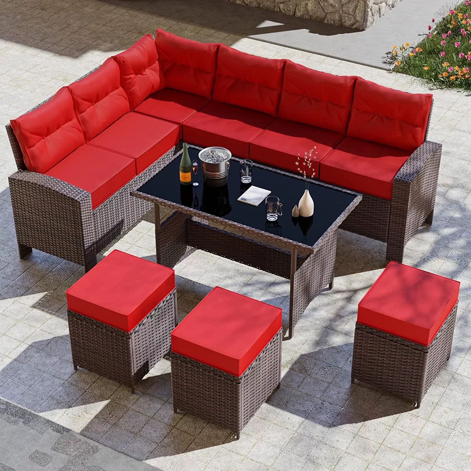 Gotland 7 Piece Outdoor Patio Furniture Set All-Weather Wicker Rattan Sofa Set Outdoor Sectional Conversation Set with 3 Loveseats,1 Dining Table and 3 Footrests,Red