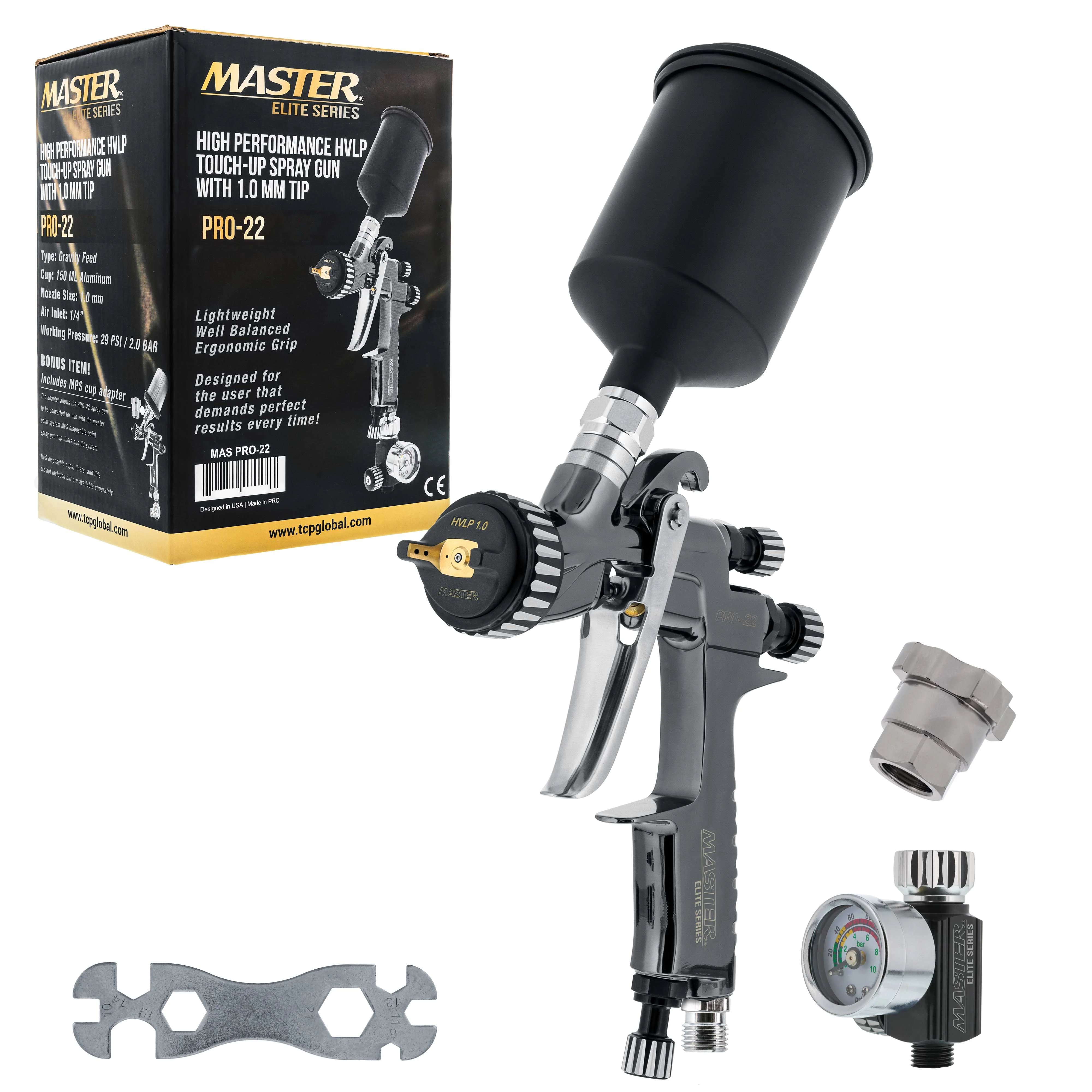 Master Elite High-Performance PRO-22 Series HVLP Touch Up Spray Gun with 1.0mm Tip and Air Pressure Regulator Gauge - Detail Paint Sprayer, Spot and Panel Repairs, Door Jambs - Basecoats, Clearcoats