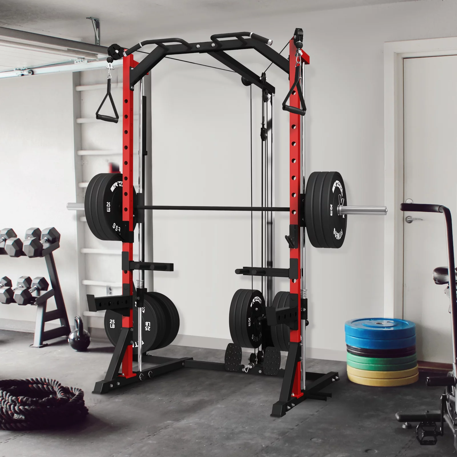 Mikolo Smith Machine Home Gym, Multi-Functional Squat Rack with  Cable Crossover System, Workout station with Weight Bar, Dip Bars,Bend Peg and Other Functional Attachments
