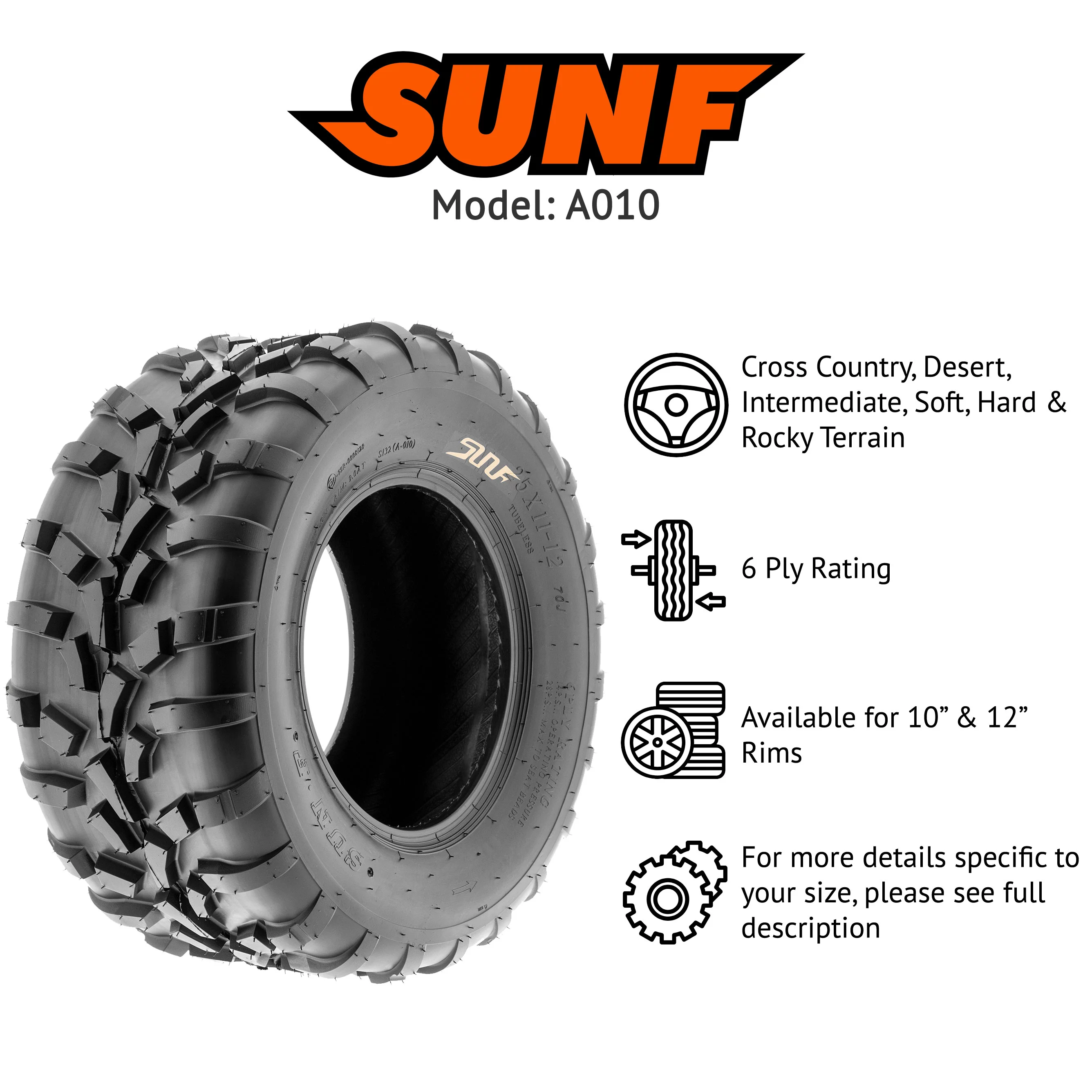 SunF All Trail ATV UTV Tires 25x11-10 6 PR A010 (Pair of 2)