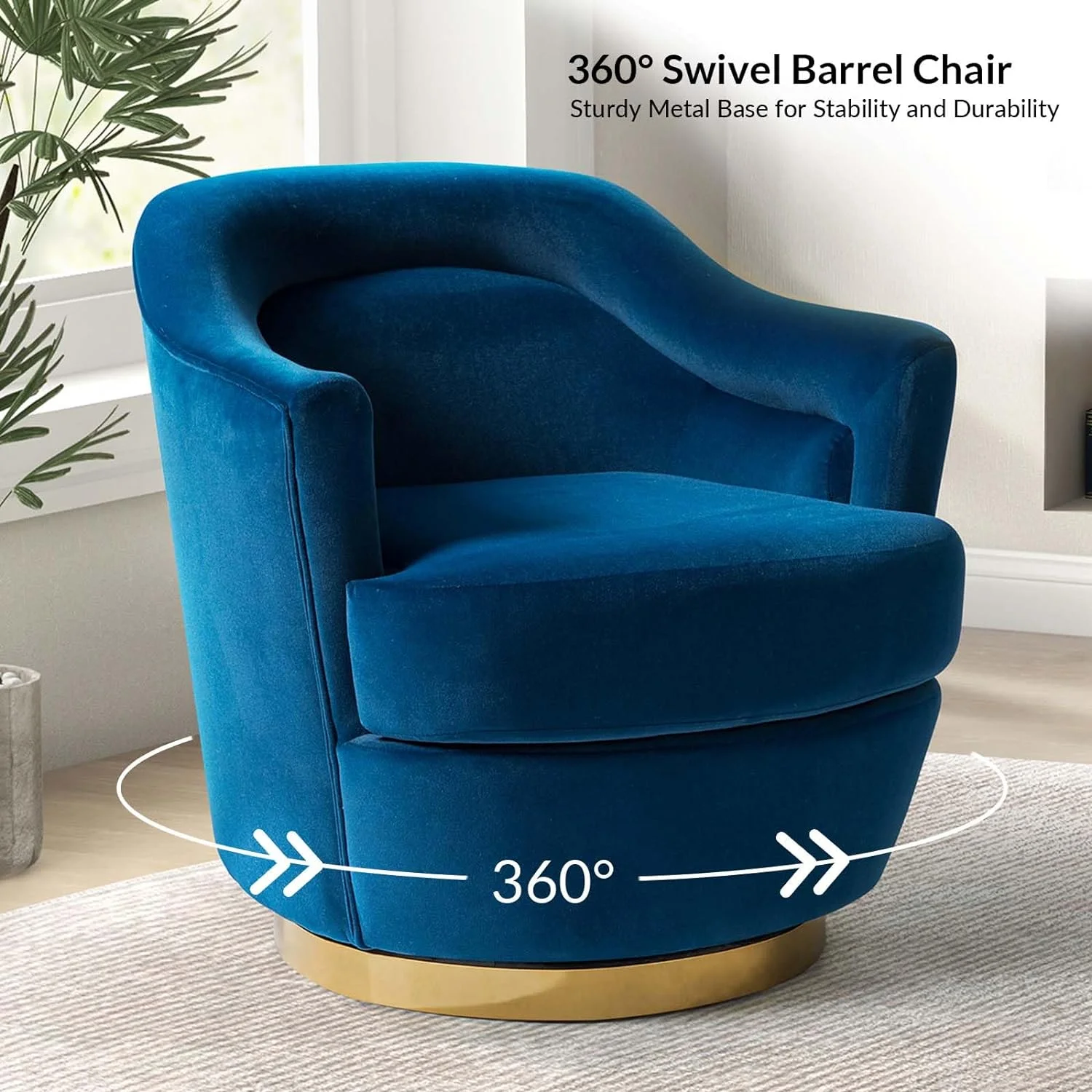 Upholstered 360 Swivel Barrel Chair Round Accent Chair Removable Cushion Single Armchair Club Sofa Metal Base Living Room Bedroom Blue