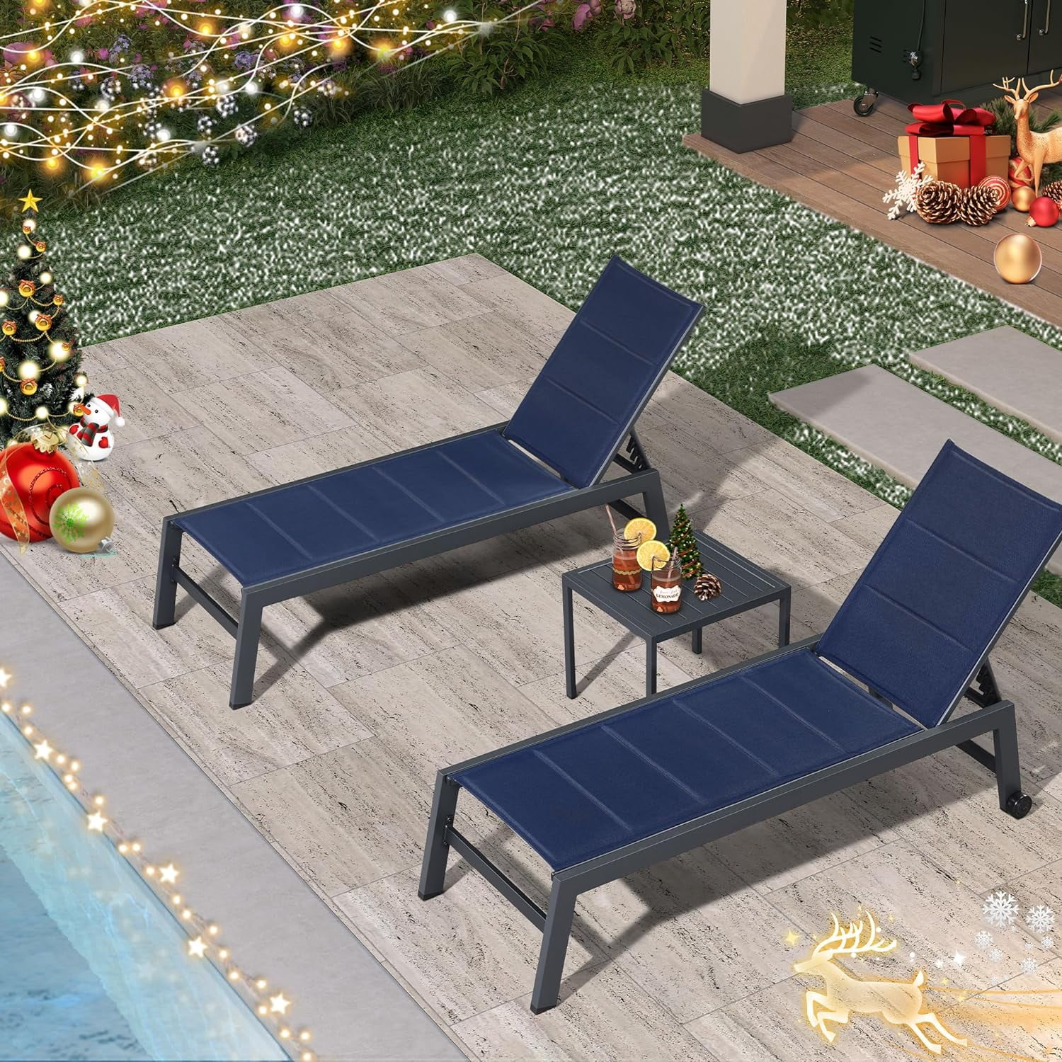 PURPLE LEAF Outdoor Chaise Lounge Set of 3 Aluminum Patio Lounge Chair with Wheels and Side Table Pool Chaise Lounge Chair for Outdoor Backyard Poolside Navy Blue