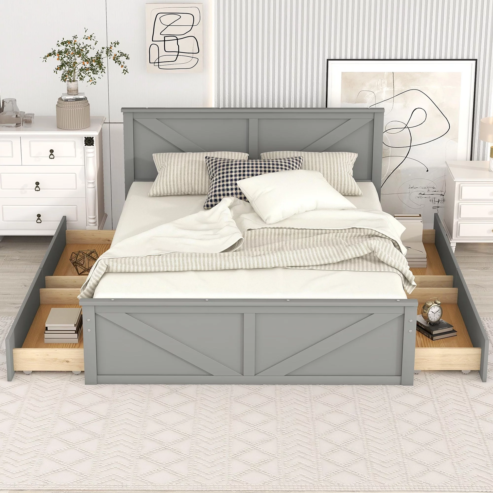 Euroco Wood Queen Size Platform Bed with 4 Storage Drawers for Kids and Adults, Solid Wood Bed Frame, Gray