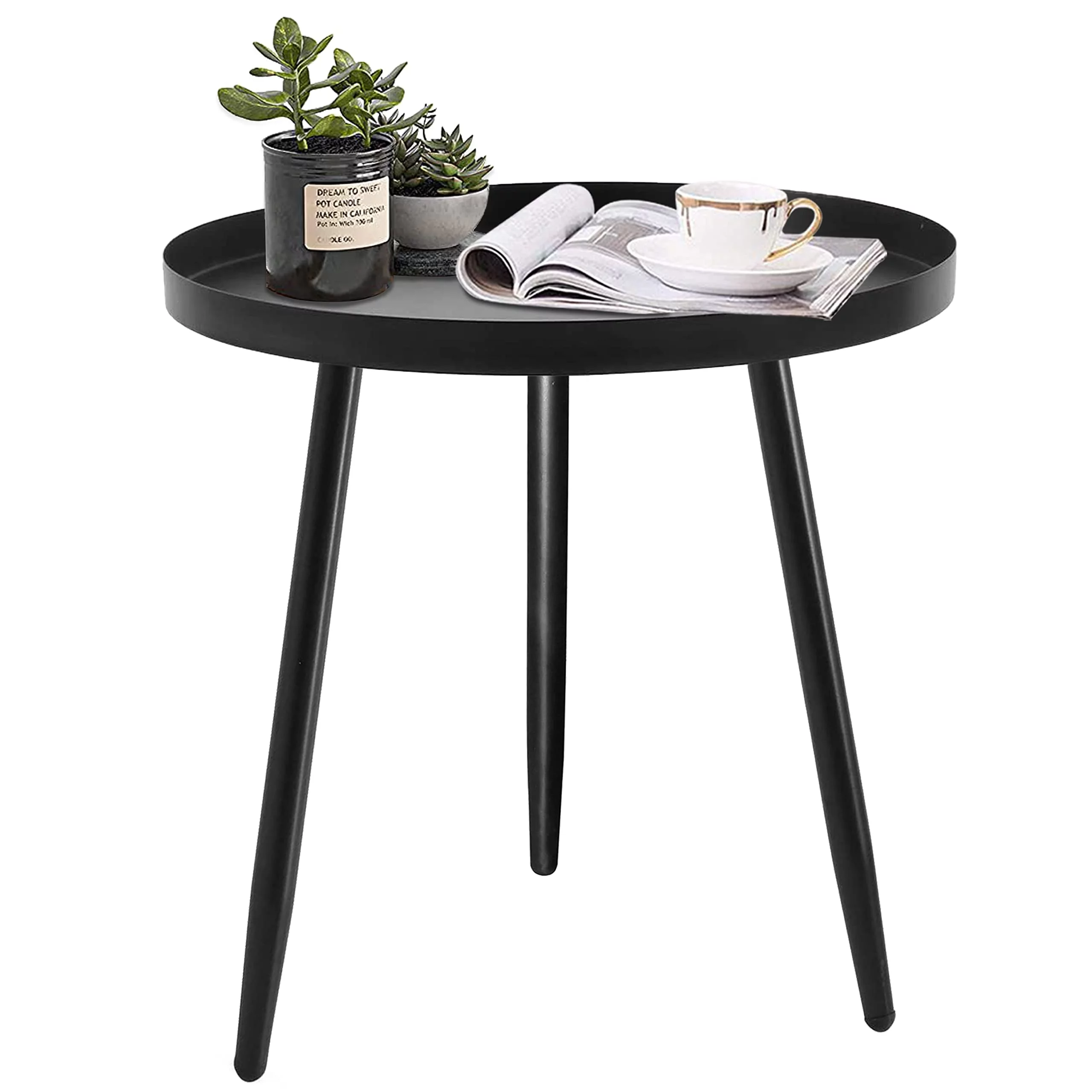 Round Side Table, Black Modern End Table, Metal Accent Table for Small Spaces, Living Room, Bedroom, Balcony, Easy Assembly, 15.8x18.9inches