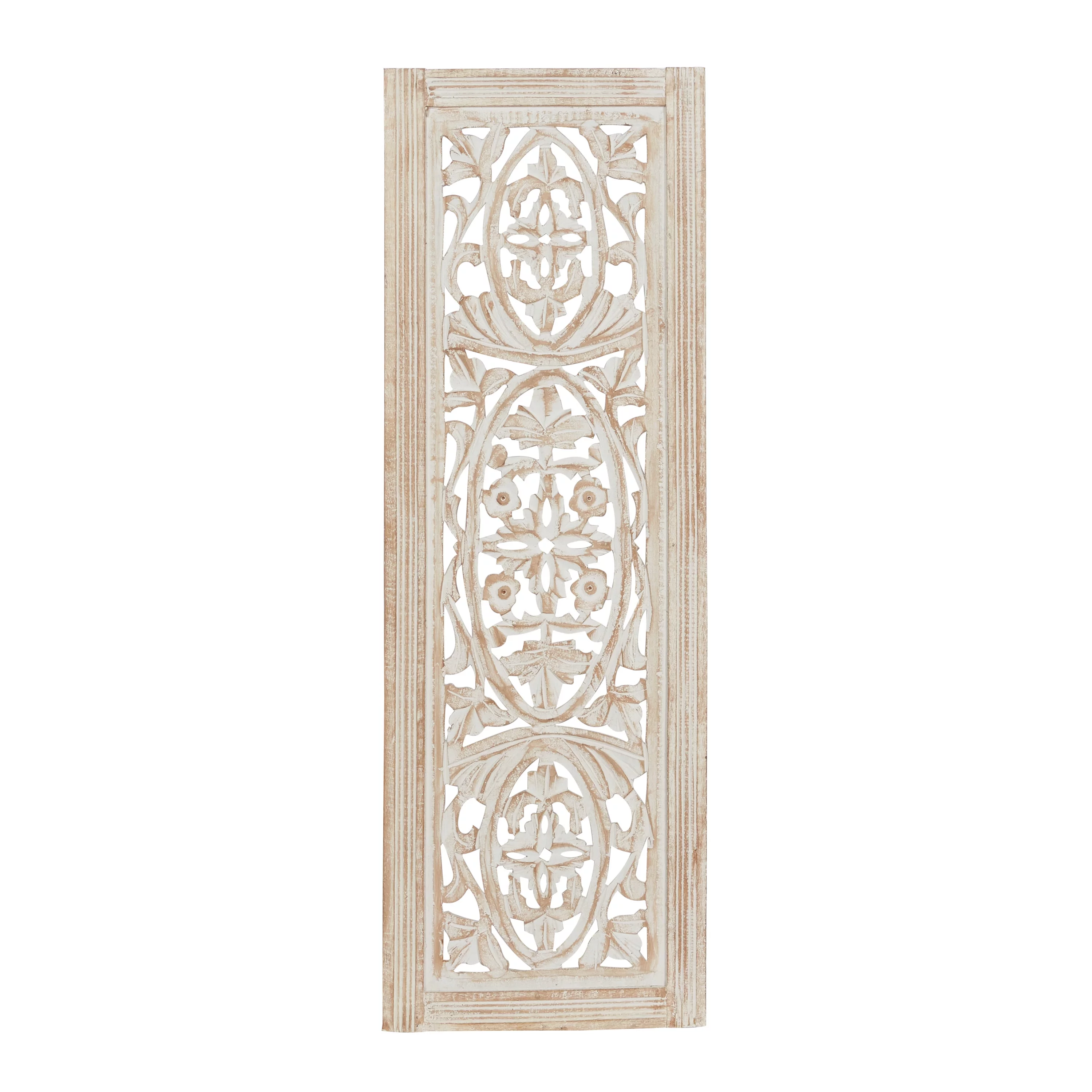DecMode Neutral Cream/Distressed Wood Traditional Mango Carved Wood Leaves Wall Decor, 12