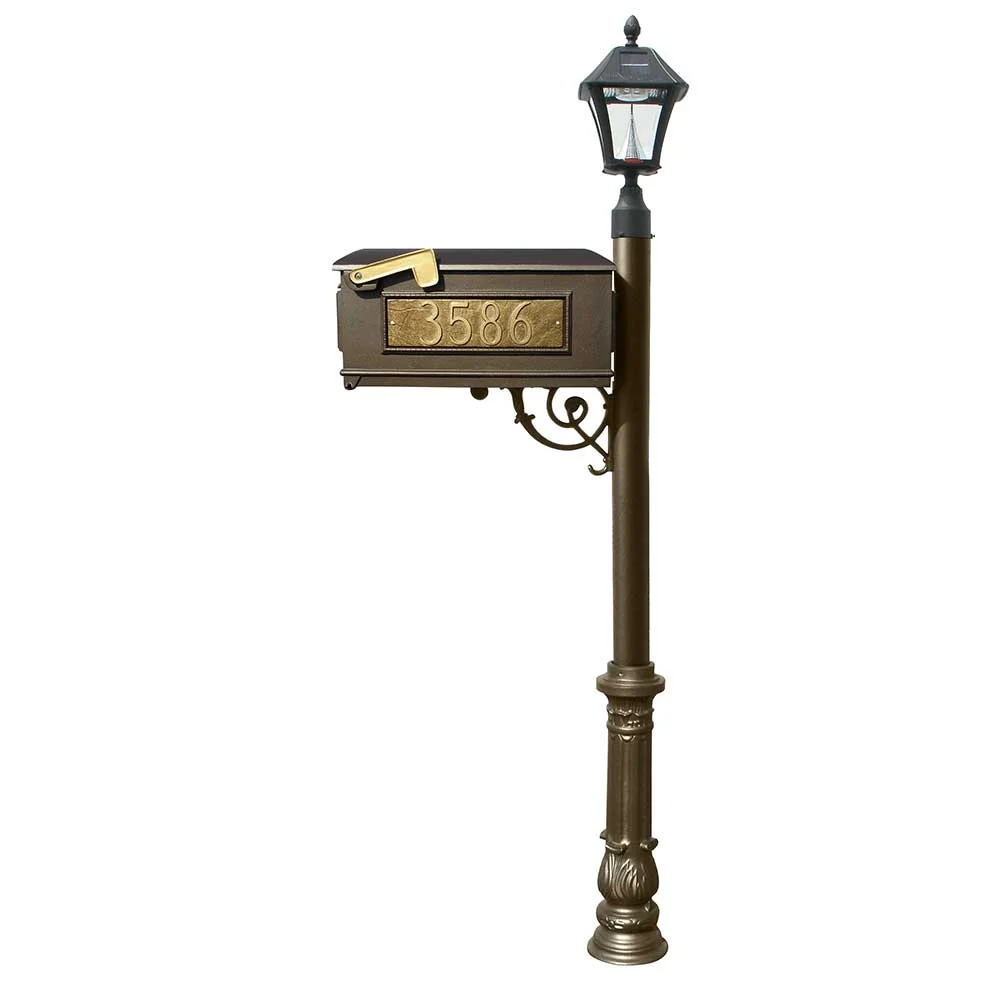 Lewiston  Mailbox Post System with Ornate Base & Bayview Solar Lamp & 3 Cast Plates - Bronze